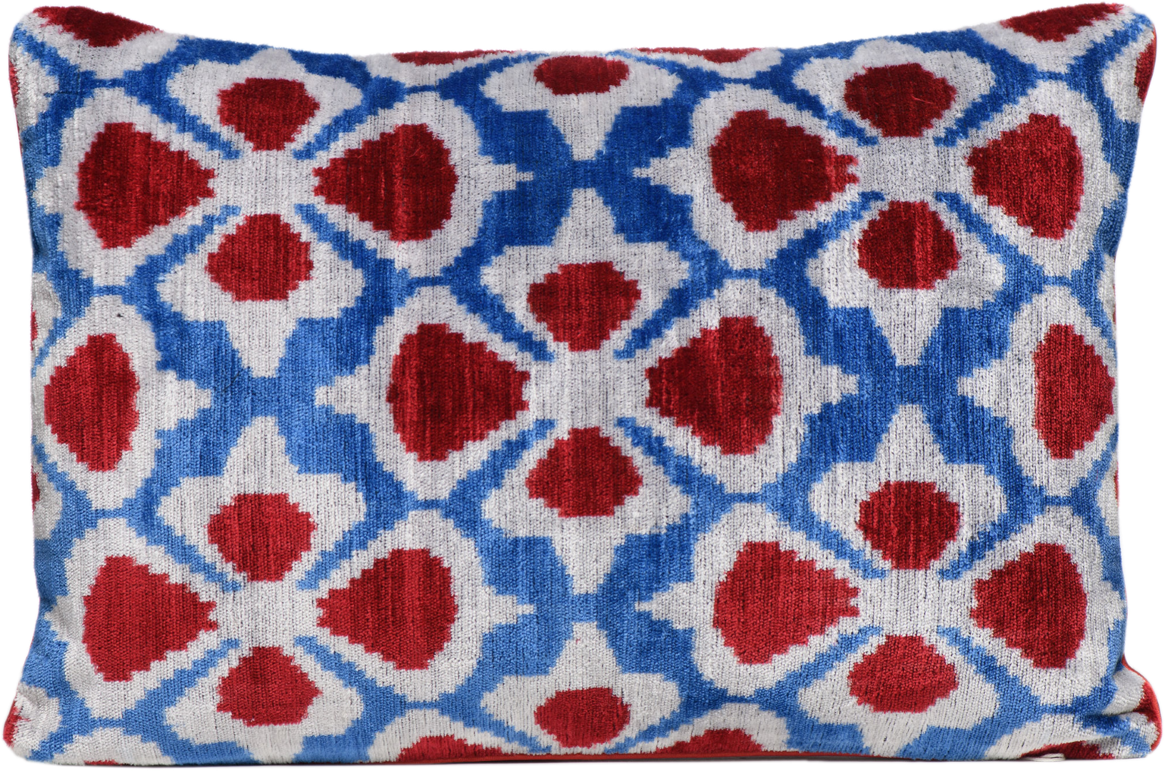 Blue Hand-Woven Silk Velvet Ikat Cushion - Red Flowers One Size Anor Living