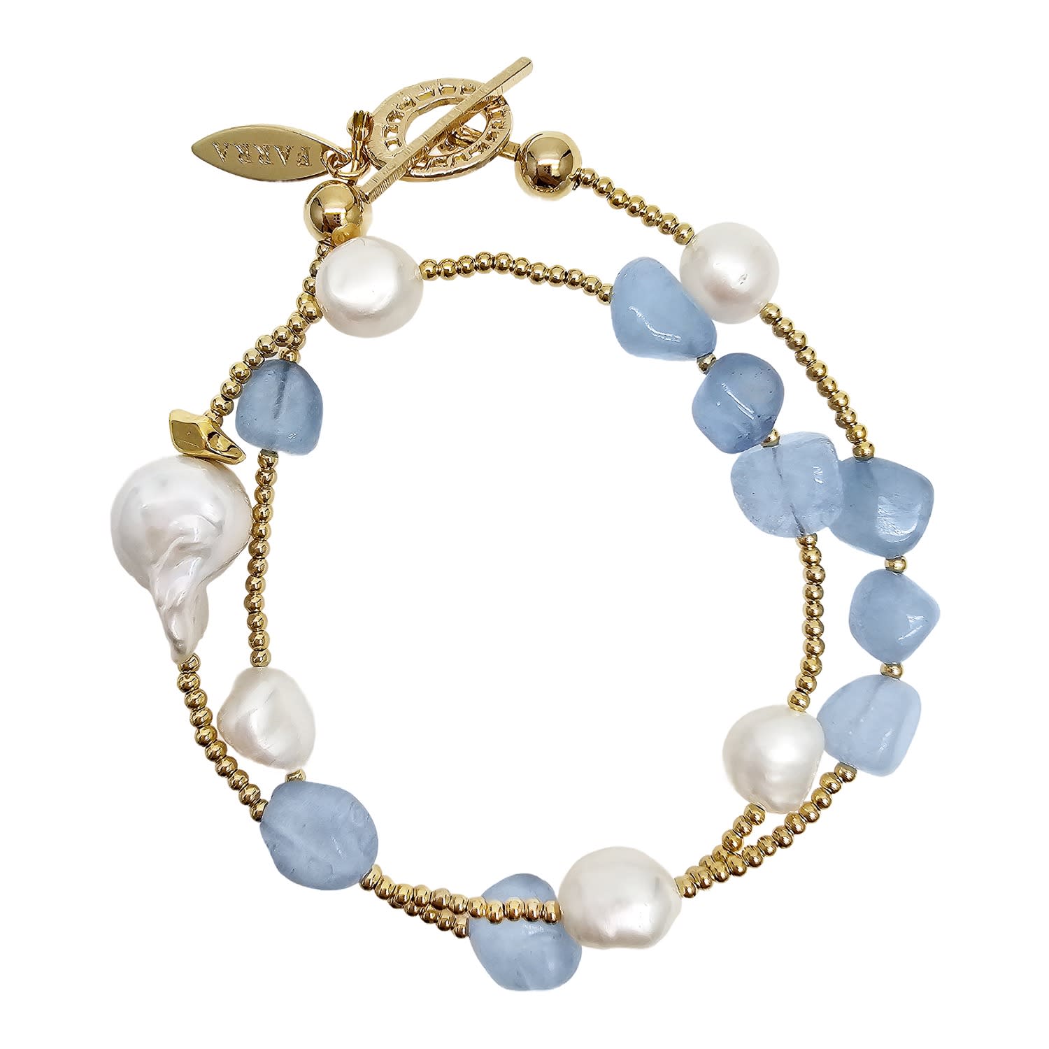 Farra Women's Blue Irregular Aquamarine With Baroque Pearls Double Layers Bracelet