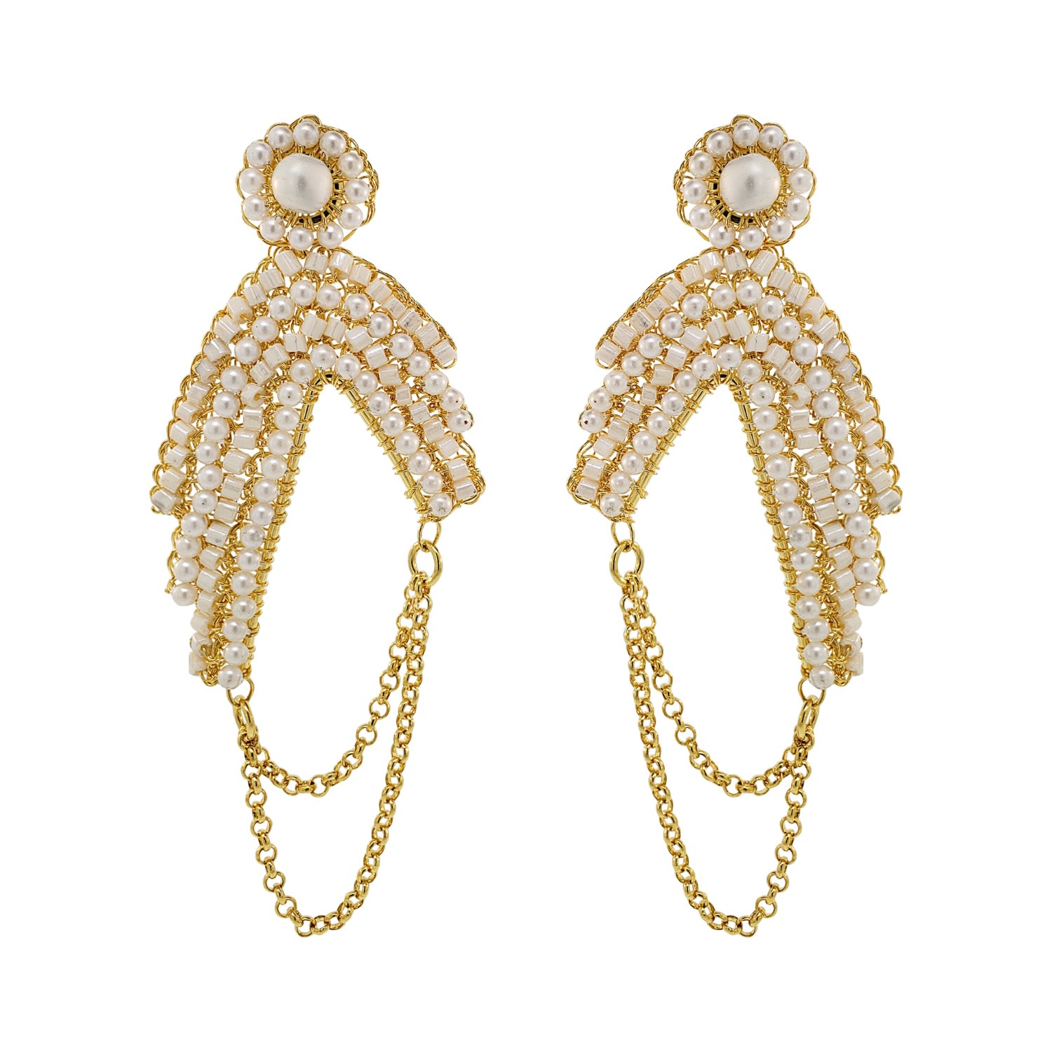 Women’s Gold / White Pearl & Gold Freya Maxi Handmade Crochet Earrings Lavish by Tricia Milaneze