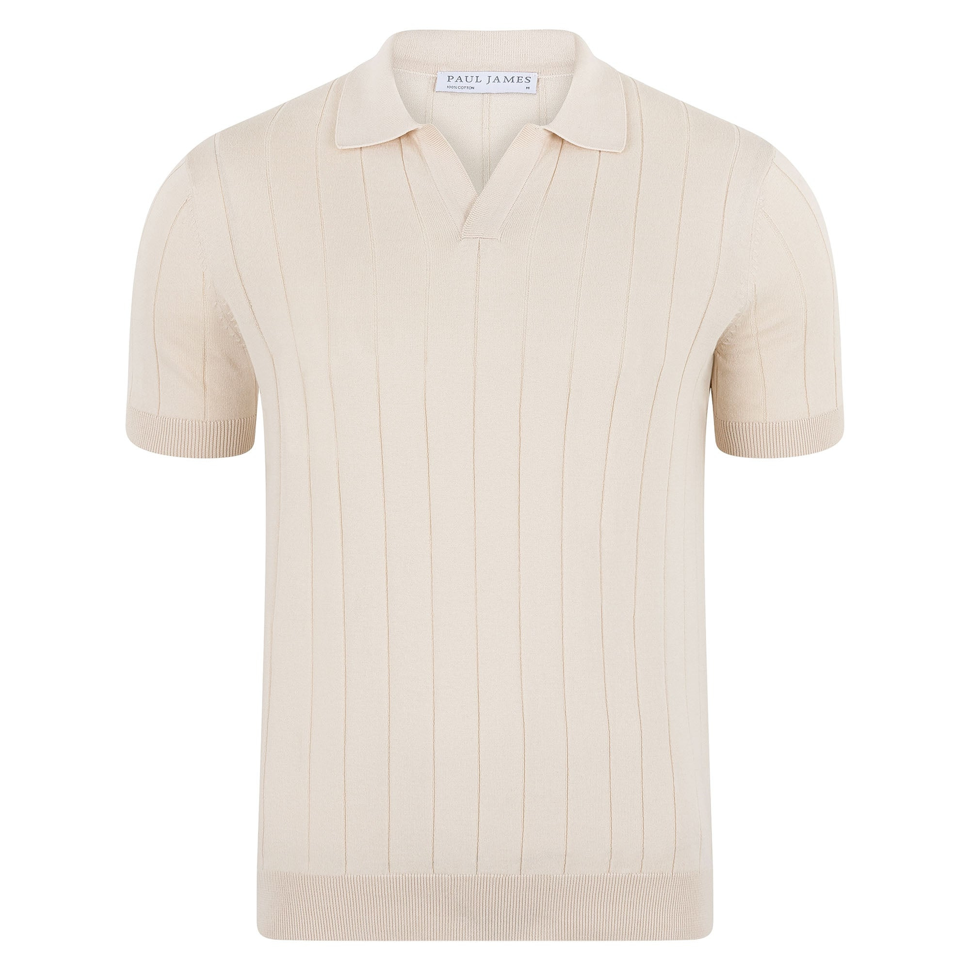 Paul James Knitwear Neutrals Mens Ultra Fine Cotton Riley Selection Knit Buttonless Polo Shirt - Ecru