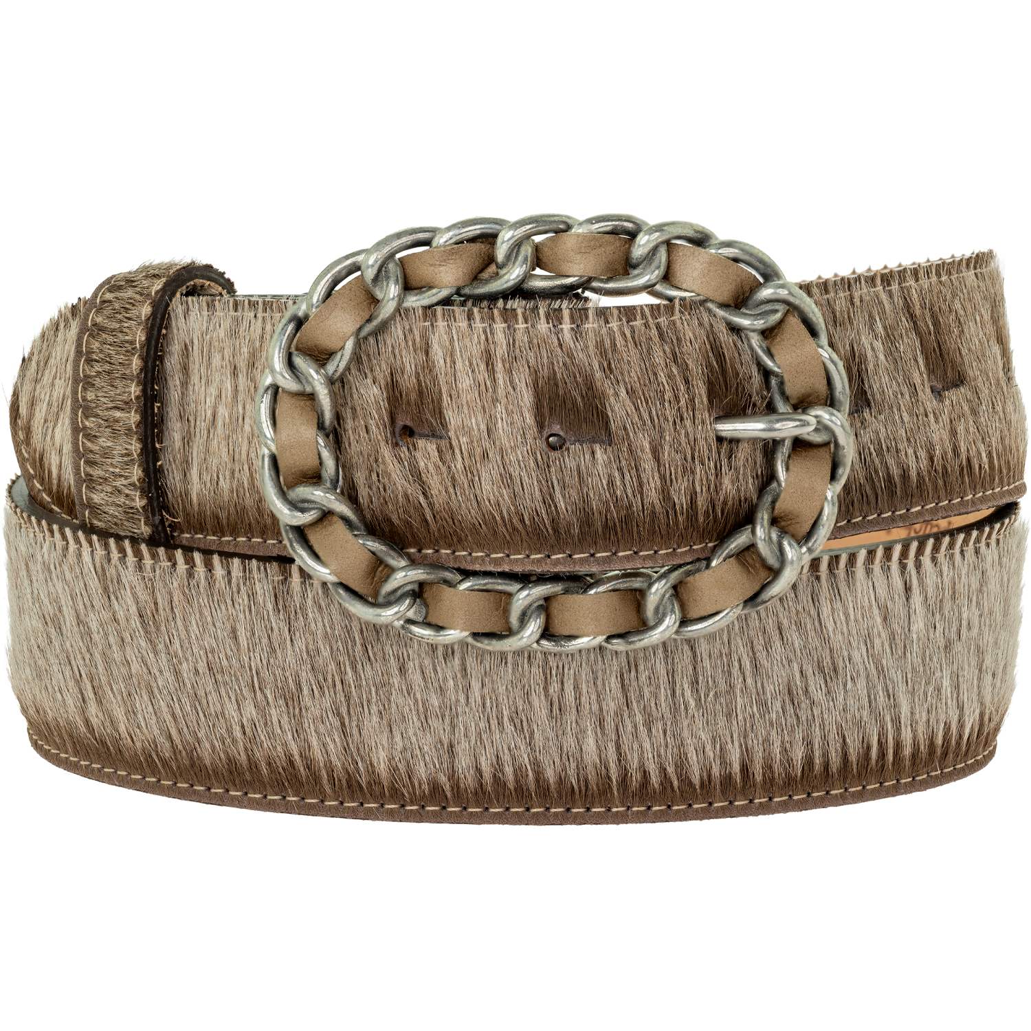 Peachy Belts Ltd Women's Brown Brindle Cowhide Belt With Silver Coco Buckle With Mink Leather In Brown