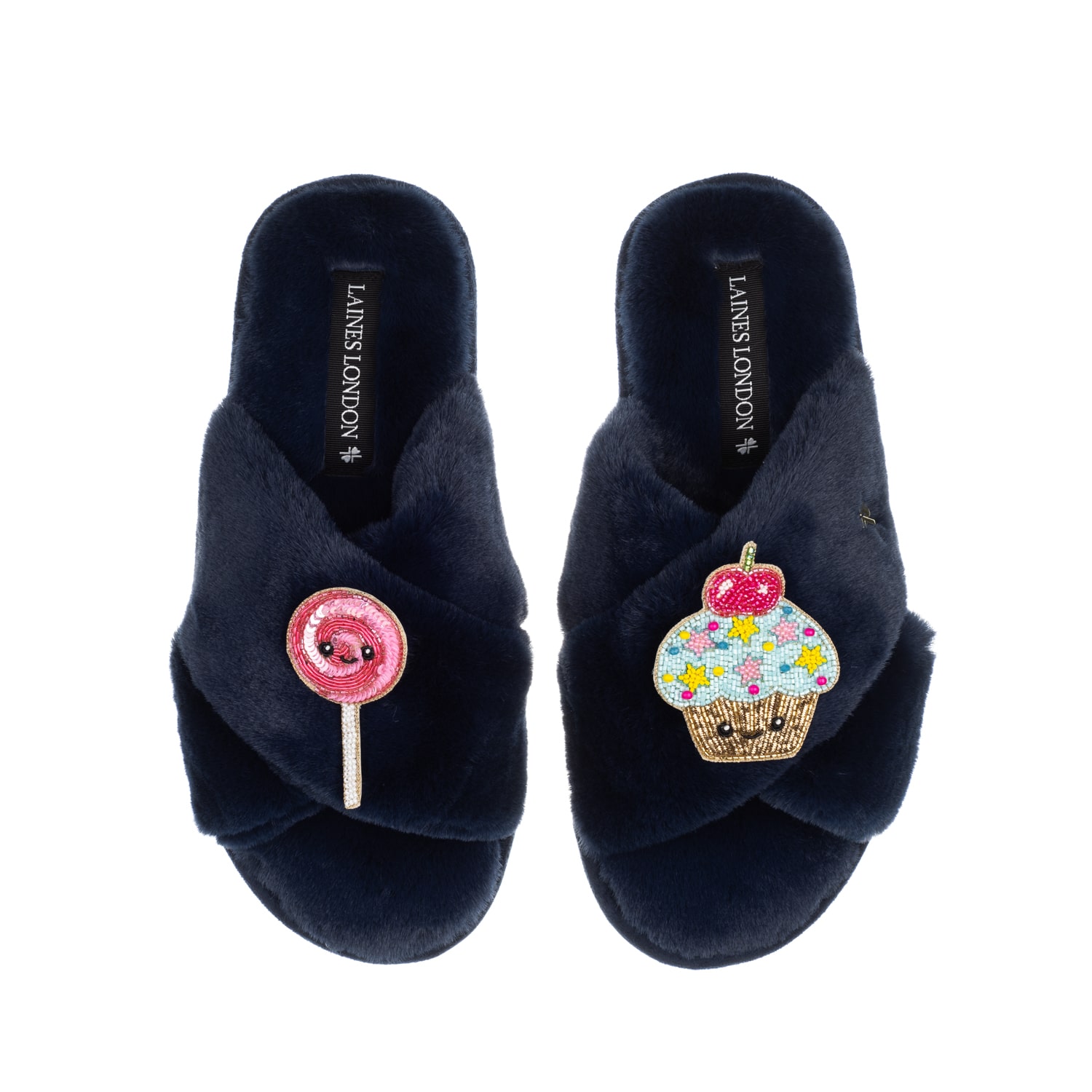 Laines London Women's Blue Classic Slippers With Laines Loveables Lollipop & Cupcake Brooches - Navy In Blue