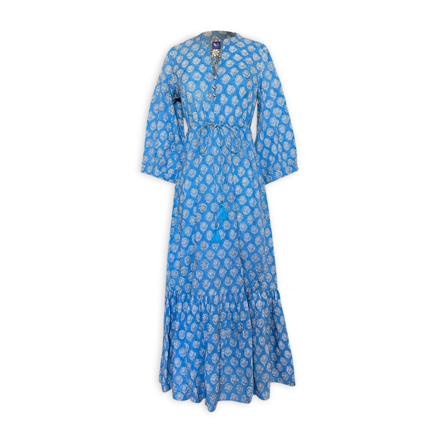 Pick Happy Women's Blue Mermaid Maxi Dress Botanical Azure Handblock Cotton