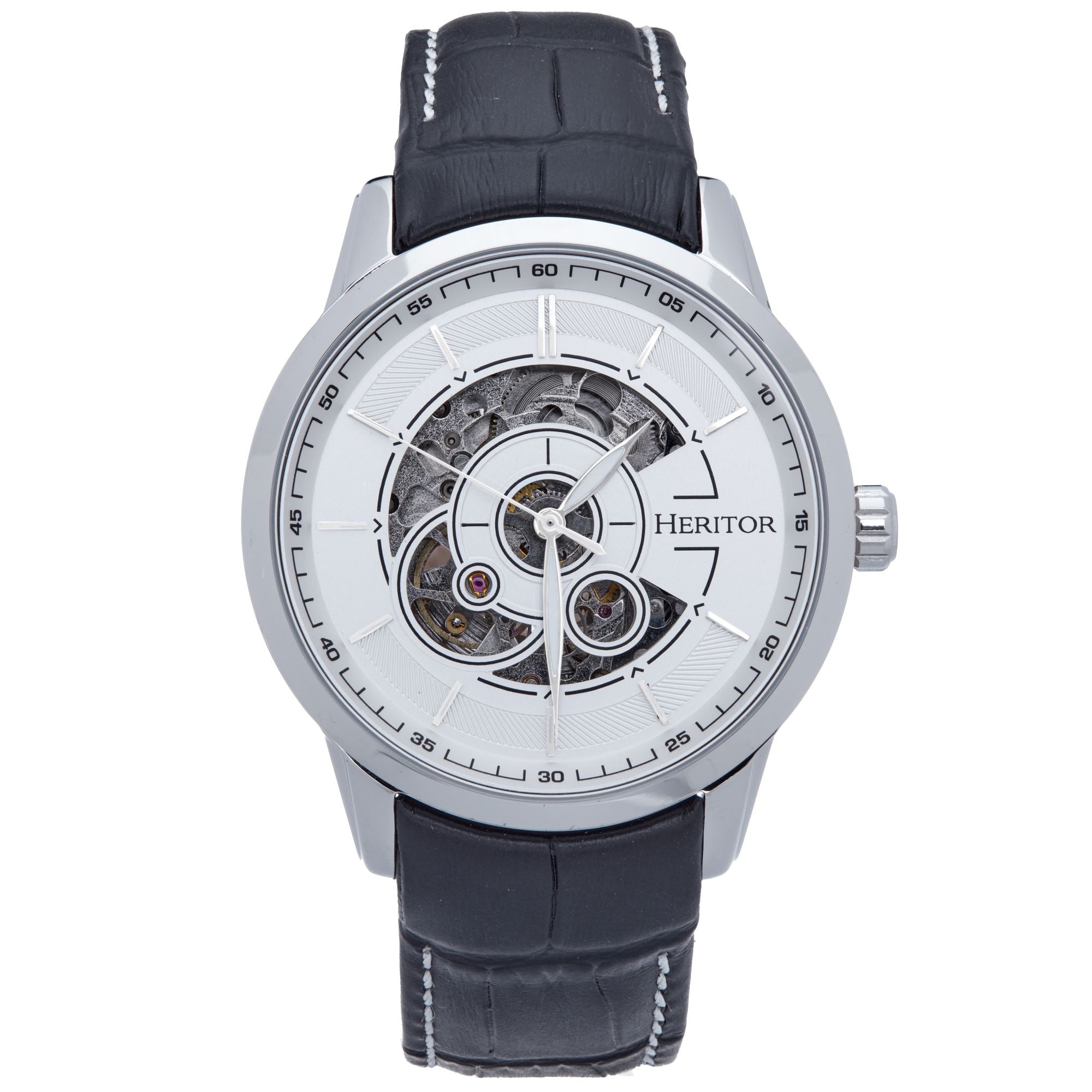 Men’s White / Silver Davies Semi-Skeleton Leather-Band Watch - Silver, White One Size Heritor Automatic
