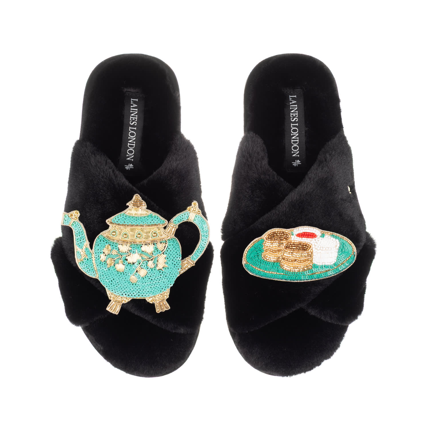 Laines London Women's Laines X Juliet Slippers With Tea & Scones Brooches - Black In Black