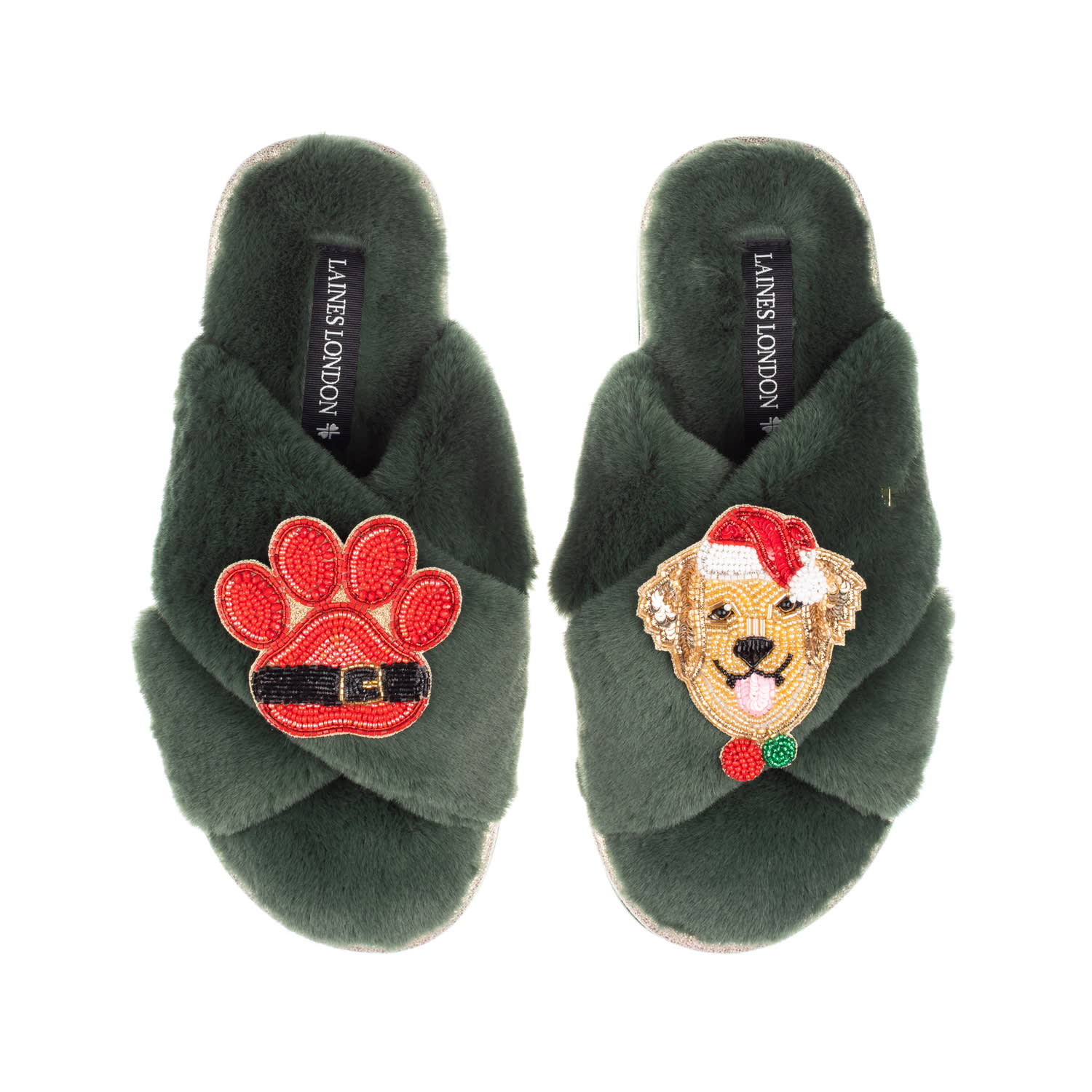 Laines London Women's Classic Slippers With Christmas Golden Retriever & Paw Brooches - Limited Edition Green In Green
