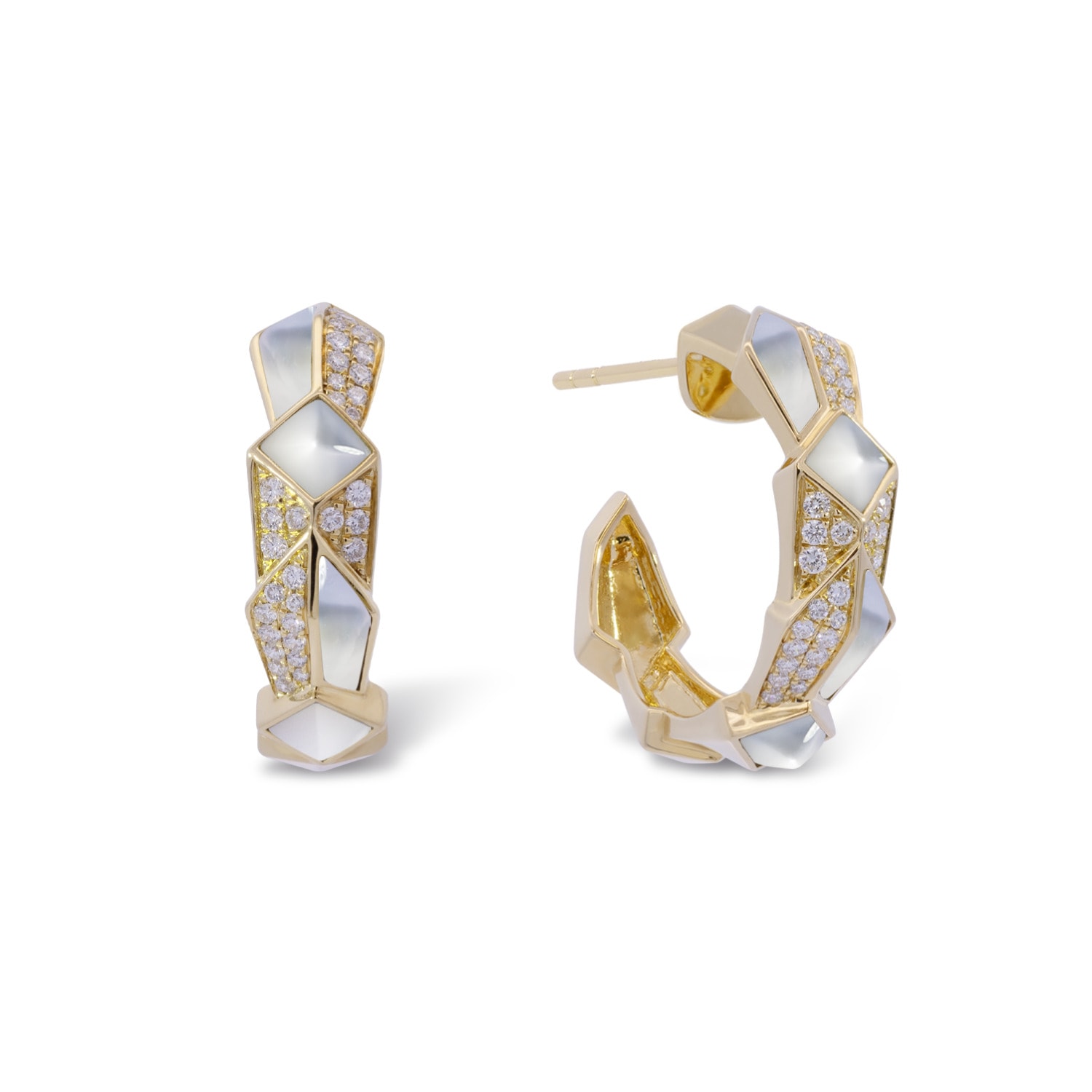 Women’s Gold / White Edgy Round Hoops In Solid Yellow Gold, Diamonds, And White Mother-Of-Pearl Simone Jewels