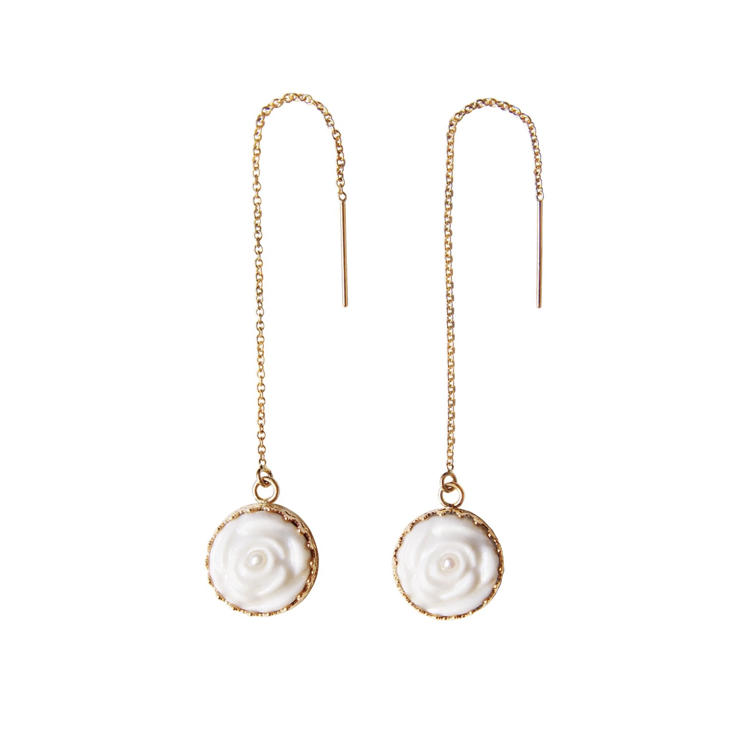 Women’s Porcelain Rose With Pearl Gold Filled Chain Earrings Poporcelain