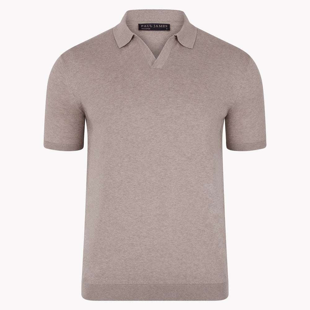 Paul James Knitwear Neutrals Men's Ultra Fine Cotton Nathan Buttonless Polo Shirt - Fawn