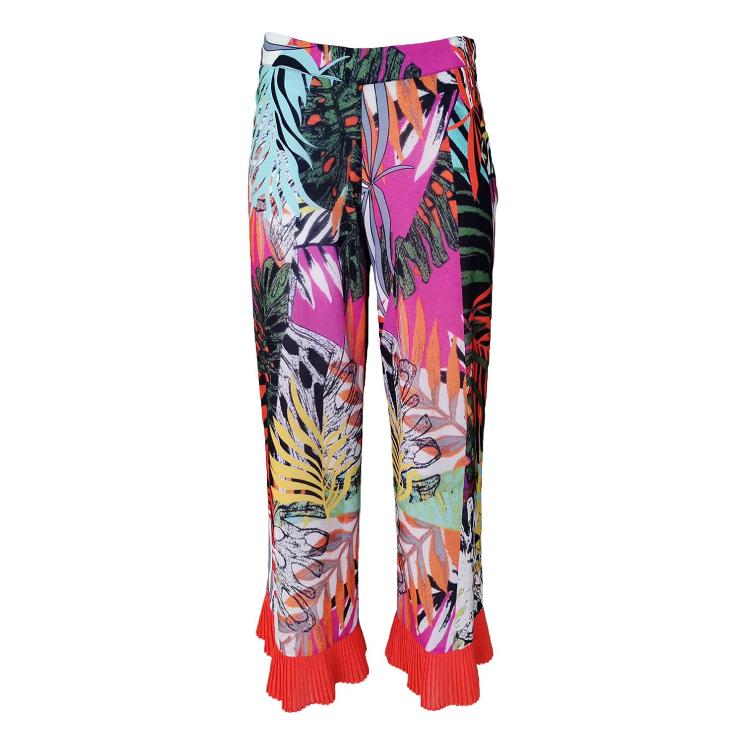 Colorful Abstract Floral-Print Wide-Leg Pants With Pleated Cuffs, Lalipop  Design