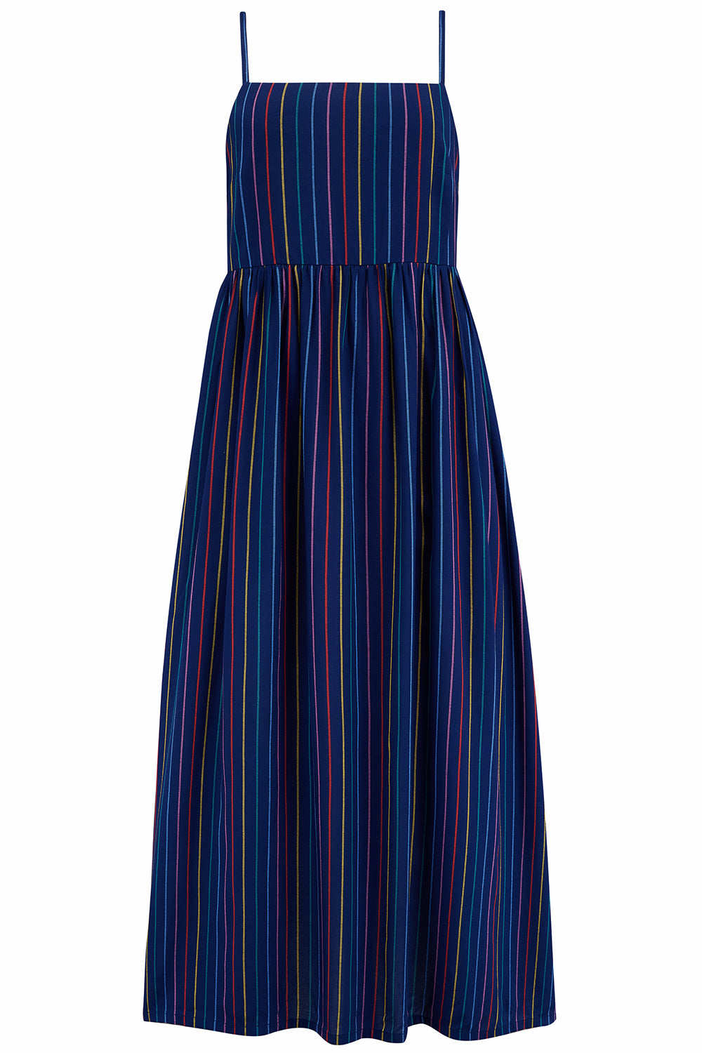 Sugarhill Brighton Women's Blue Gracie Midi Sundress Navy, Thin Rainbow Stripe