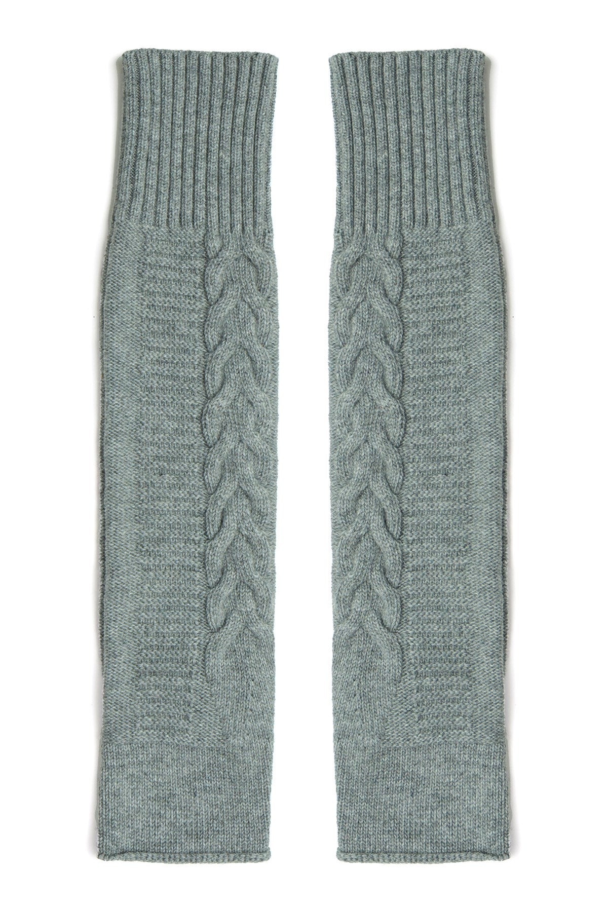 Women's Long Fingerless Cable Knit Arm Warmer Thumb Hole Stretchy Cashmere Blend Gloves - Grey Melange | One Size | Peraluna