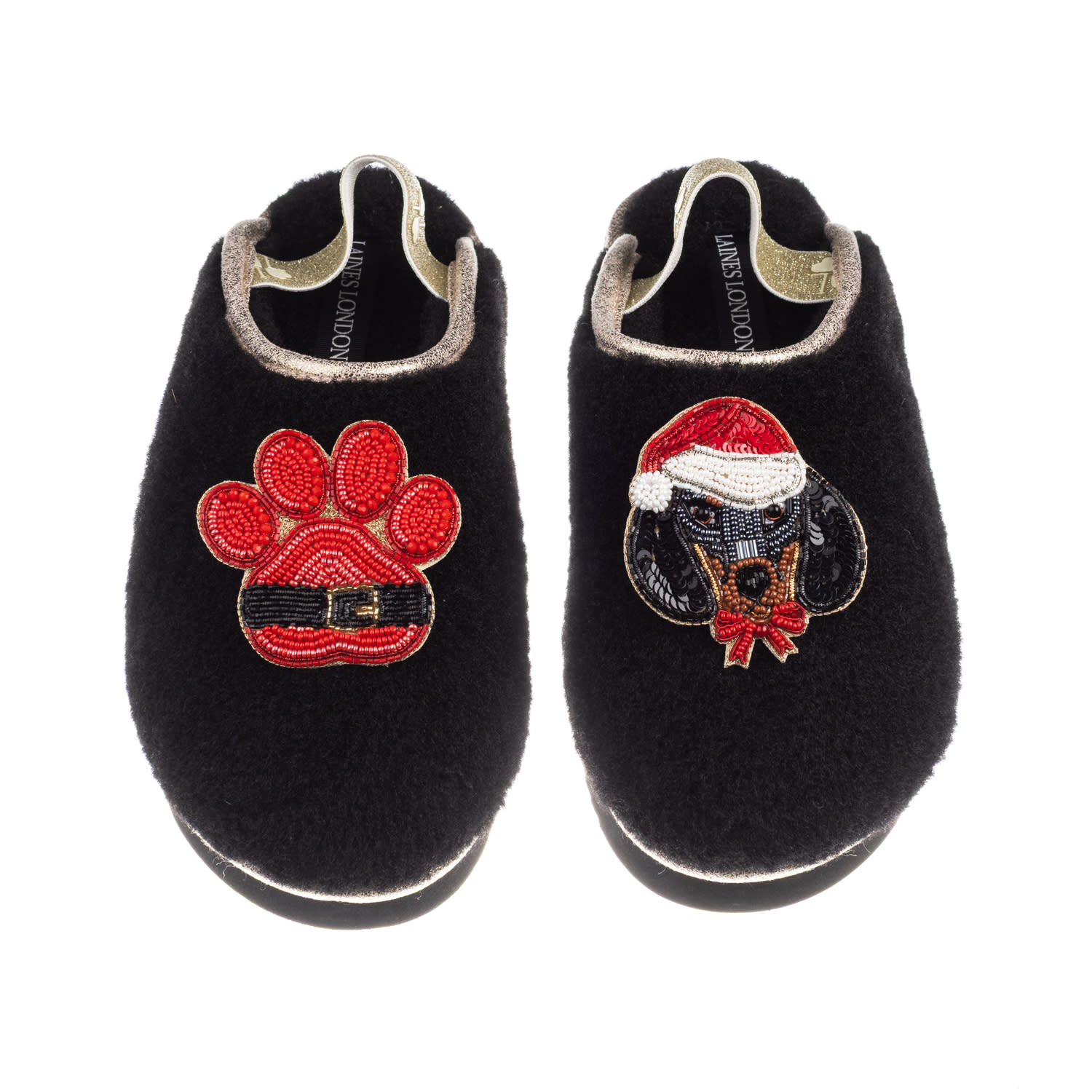 Laines London Women's Black / Gold Flatform Cloud Slippers With Christmas Dachshund & Paw Brooches - Black In Black