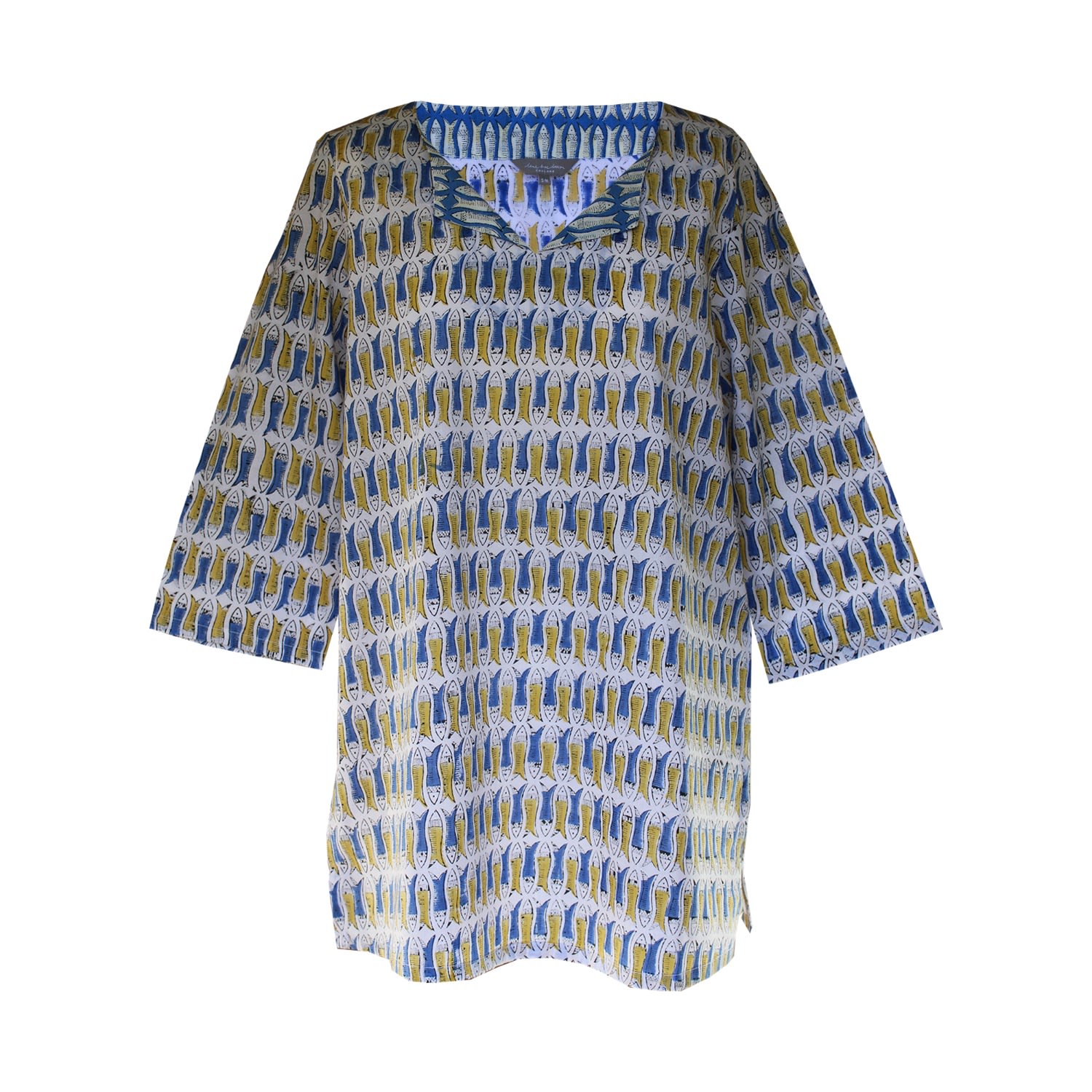 Lime Tree Design Women's Blue And Mustard Fish Block Print Tunic Top In Blue