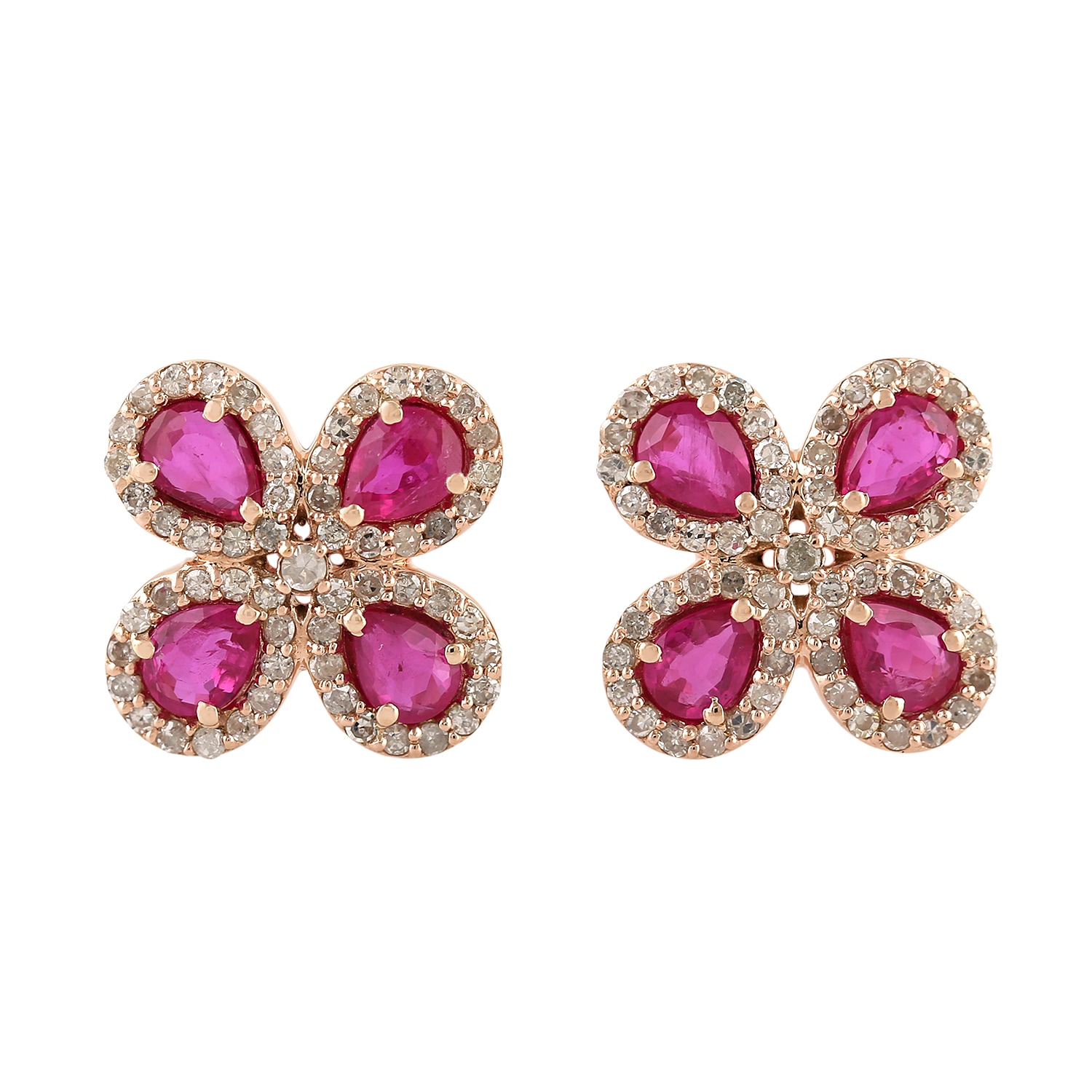 Women’s Red / White Natural Ruby Stud Earrings 14K Solid Rose Gold Diamond Artisan