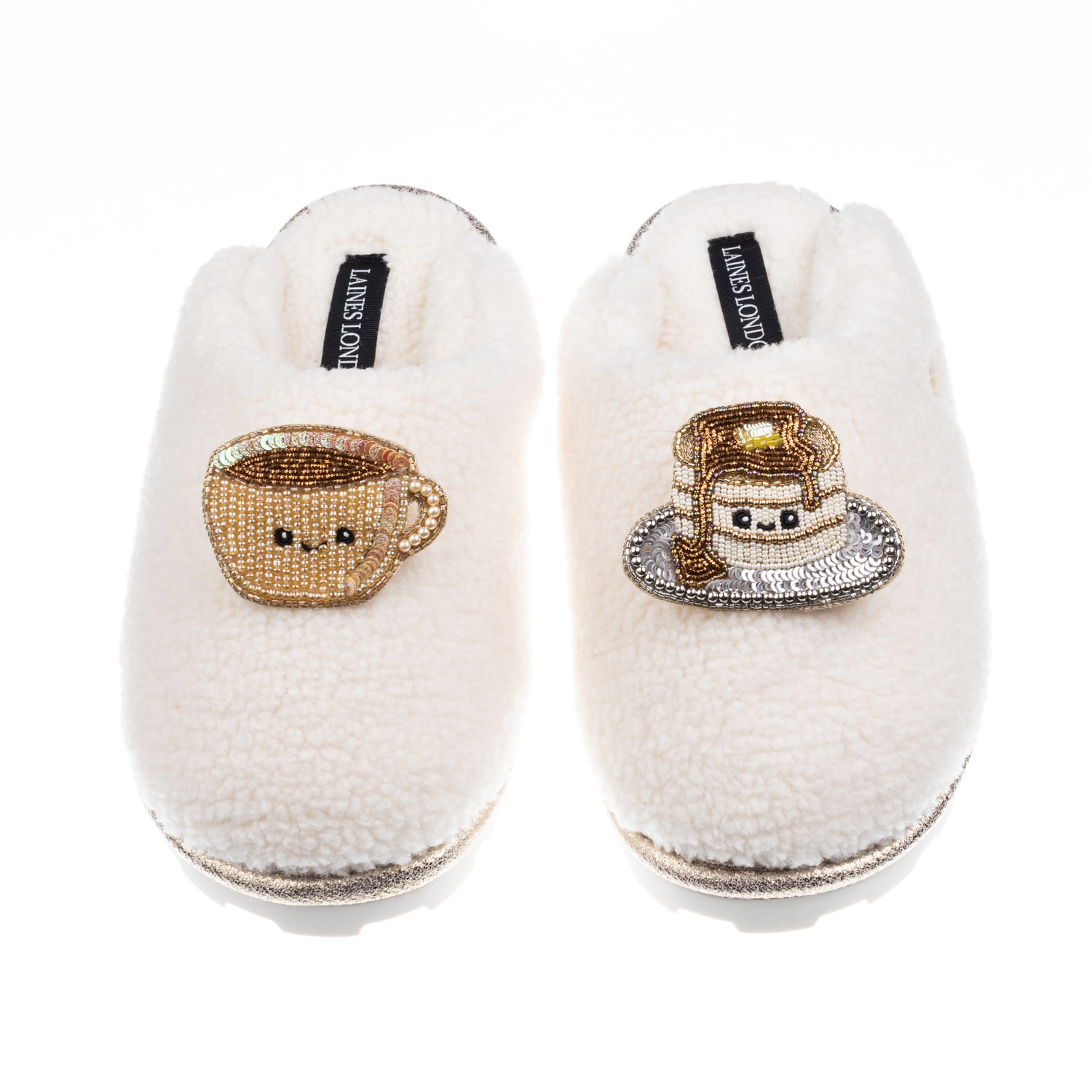 Laines London Women's Neutrals / White Teddy Closed Toe Slippers With Laines Lovables Coffee & Pancake Brooches -  In White