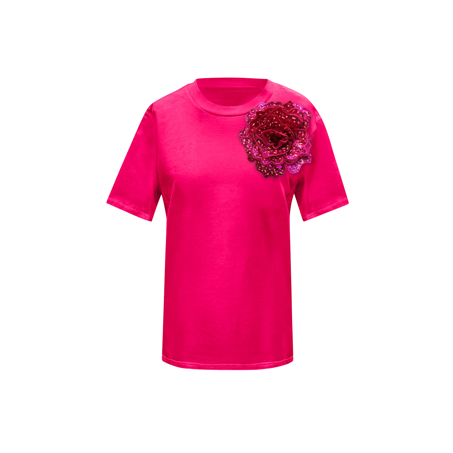 Toma Women's Pink Cotton T-shirt With Pink Side Sequin Rose In Pink