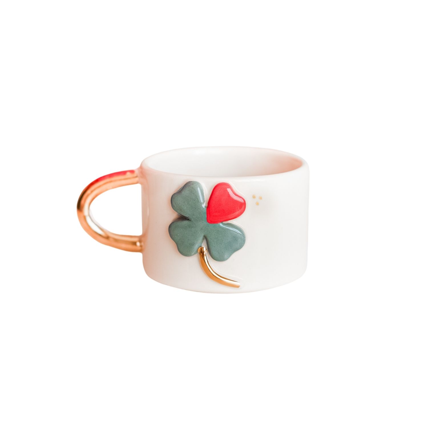 Anatoliacraft Green / Red Lucky Clover Mug Gold Plated Handle & Ceramic Mug For Good Fortune