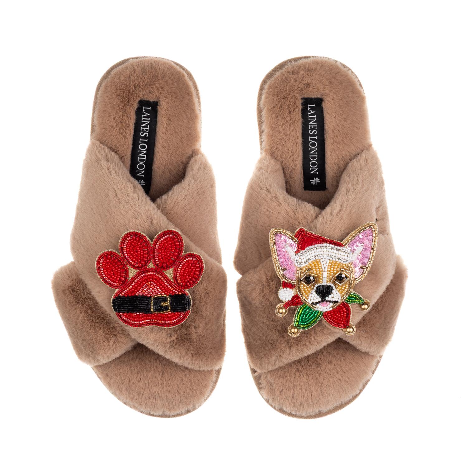Laines London Women's Brown / Neutrals Classic Slippers With Christmas Chihuahua & Paw Brooches - Toffee In Brown