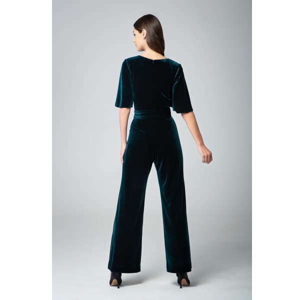 Rumour London Women's Layla Velvet Jumpsuit With Bell Sleeves & Sash In Emerald Green In Velvet