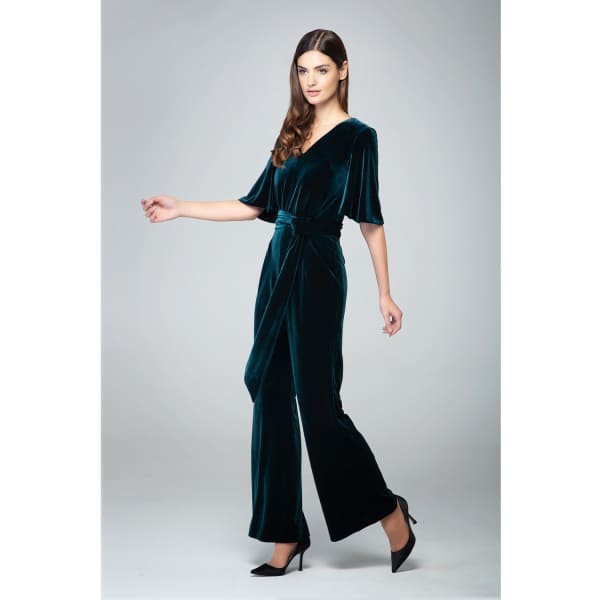 Rumour London Women's Layla Velvet Jumpsuit With Bell Sleeves & Sash In Emerald Green In Velvet
