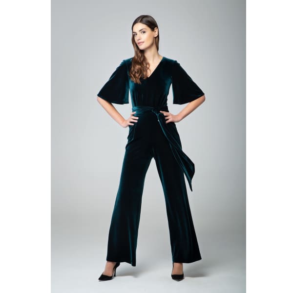 Rumour London Women's Layla Velvet Jumpsuit With Bell Sleeves & Sash In Emerald Green In Velvet