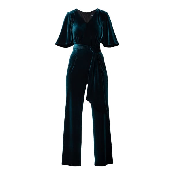 Rumour London Women's Layla Velvet Jumpsuit With Bell Sleeves & Sash In Emerald Green In Velvet