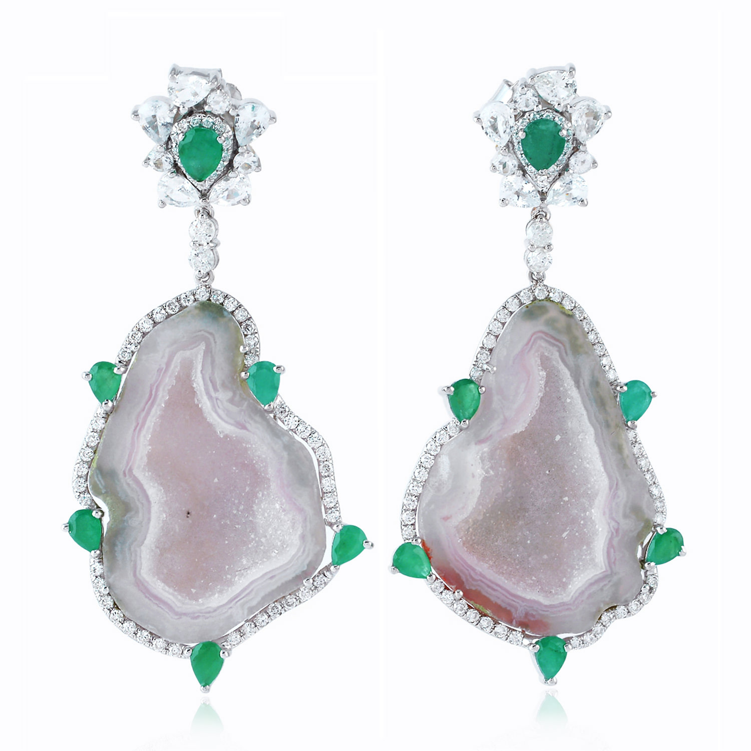 Artisan Women's Green / White Geode, Emerald & White Sapphire Dangle Earrings With Pave Diamonds In White Go In Multi