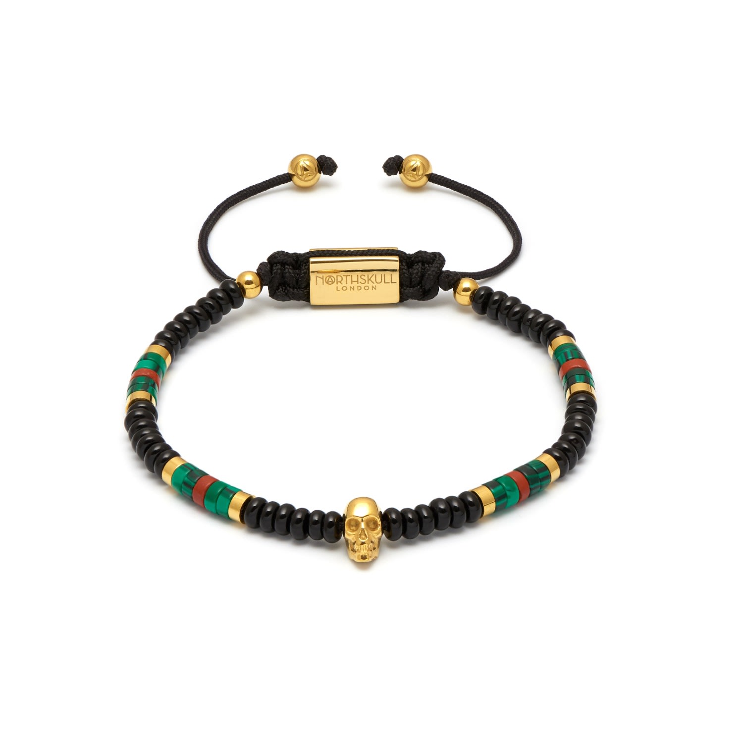 Men’s Black Onyx Gold Atticus Skull Macram Bracelet With Malachite & Red Jasper Northskull