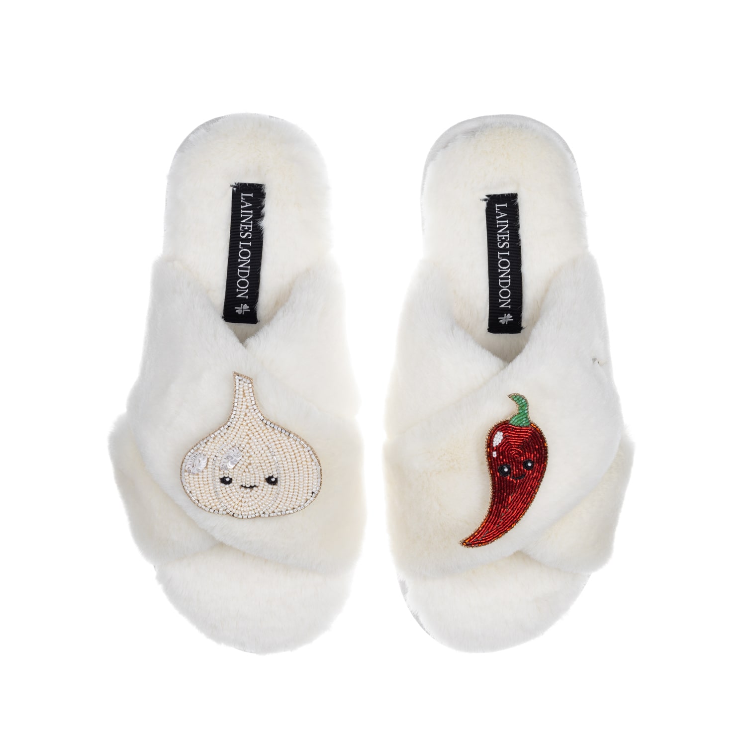 Laines London Women's White Classic Slippers With Laines Loveables Garlic & Chilli Brooches - Cream In White
