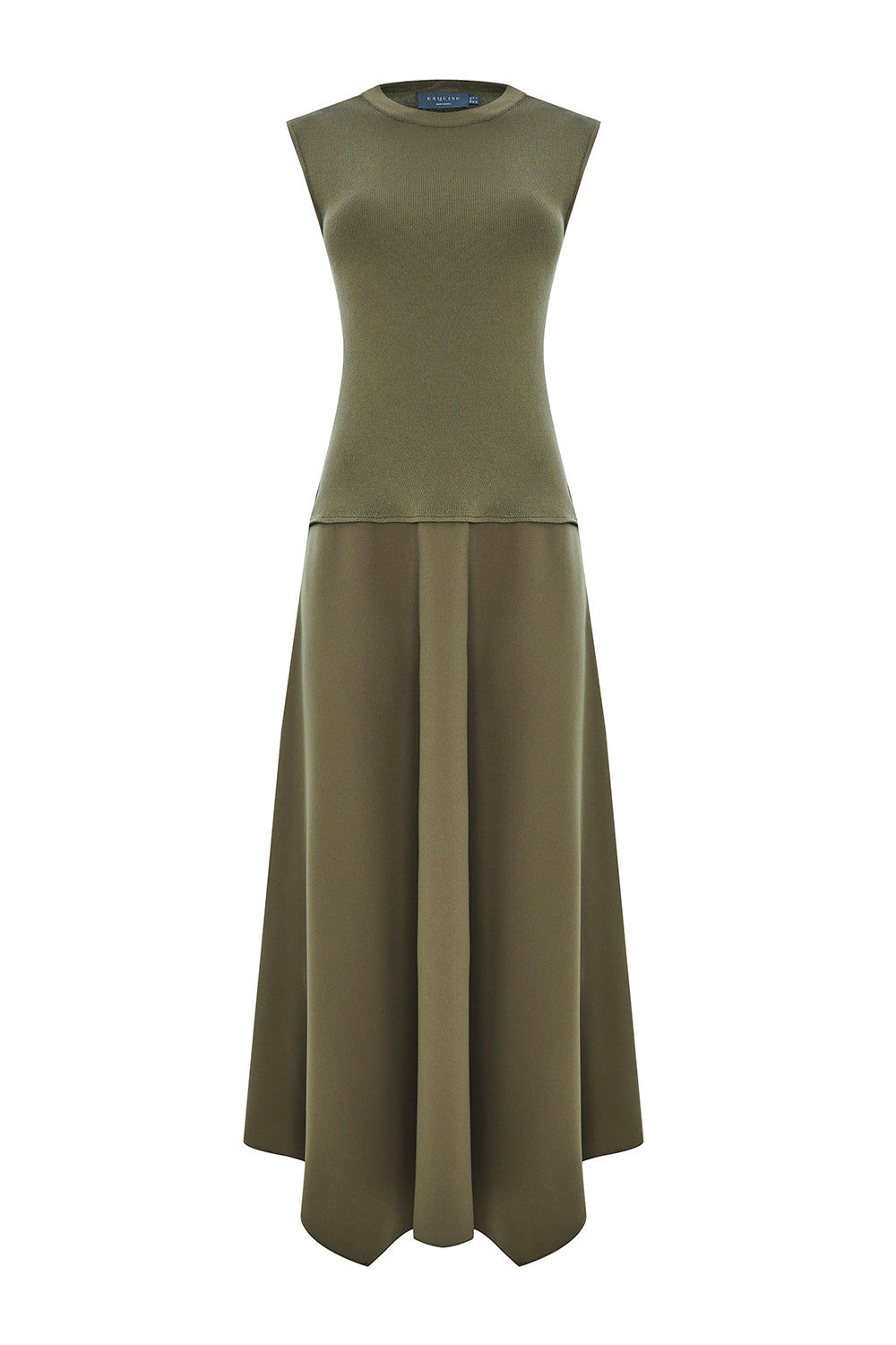 Exquise Women's Green Regular Ribbed Top Sleeveless Poplin Skirt Dress - Khaki