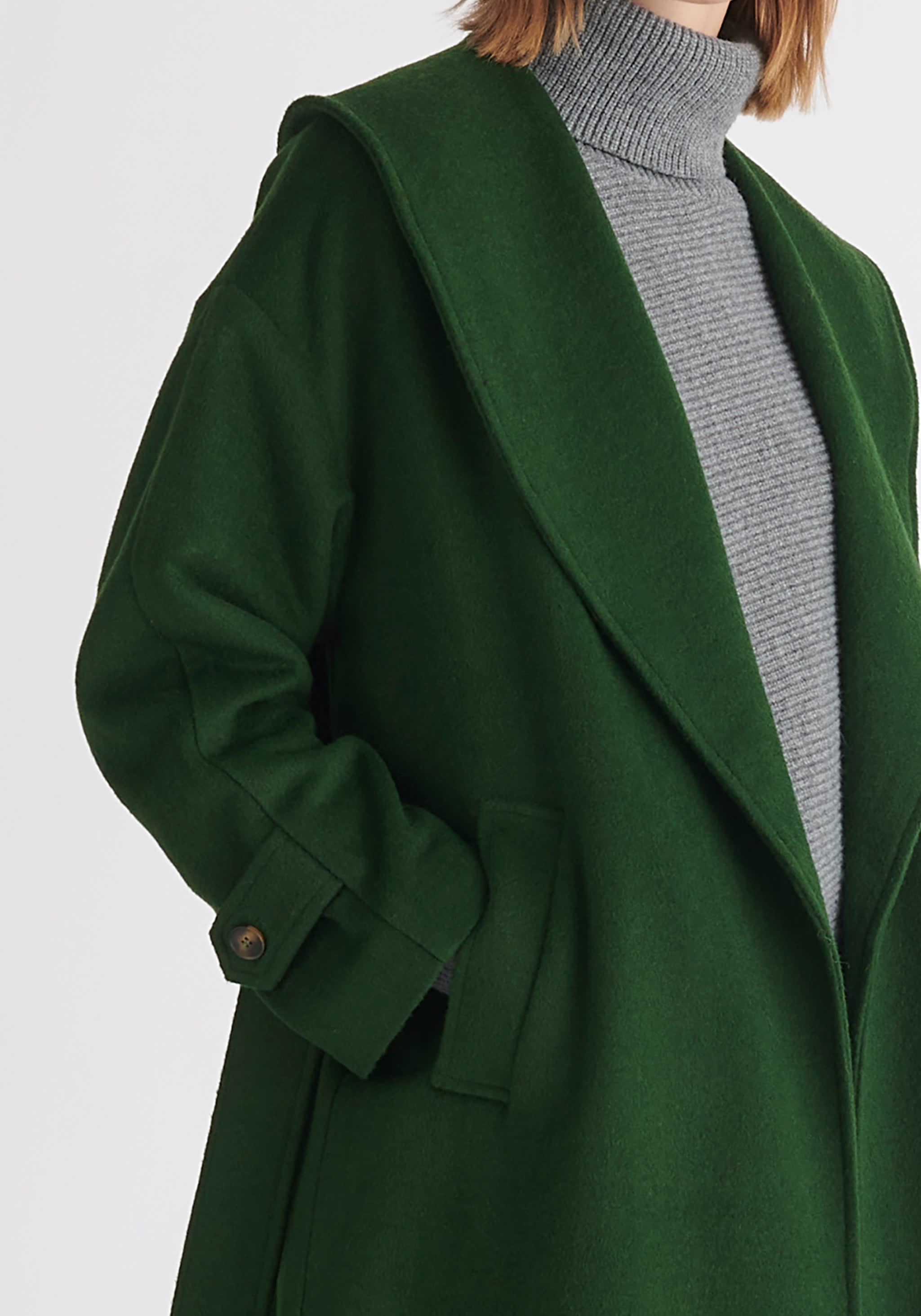 Belted Wool Coat In Dark Green | PAISIE | Wolf & Badger