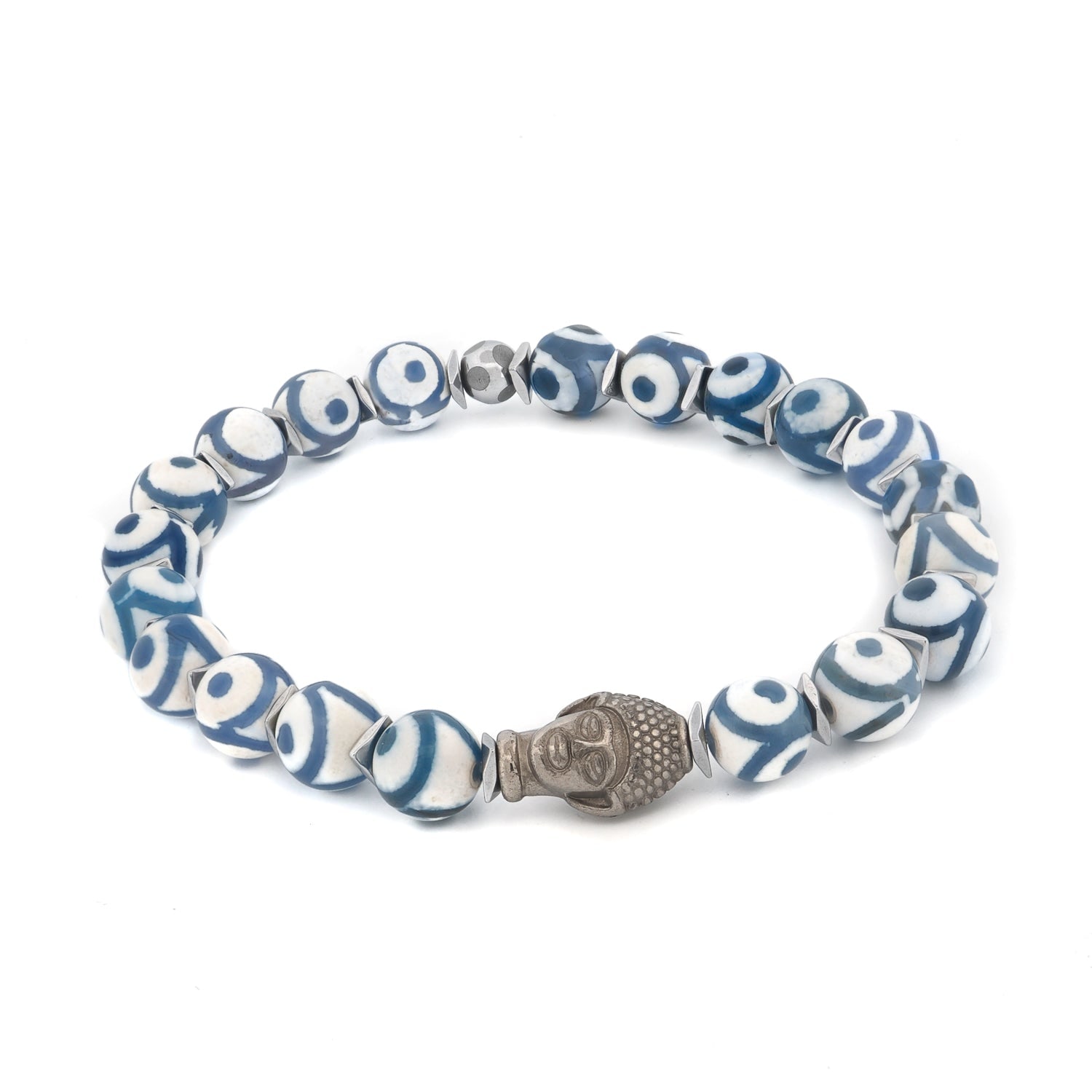 Ebru Jewelry Men's Blue / White / Silver Buddha Spirit Nepal Bead Bracelet - Blue