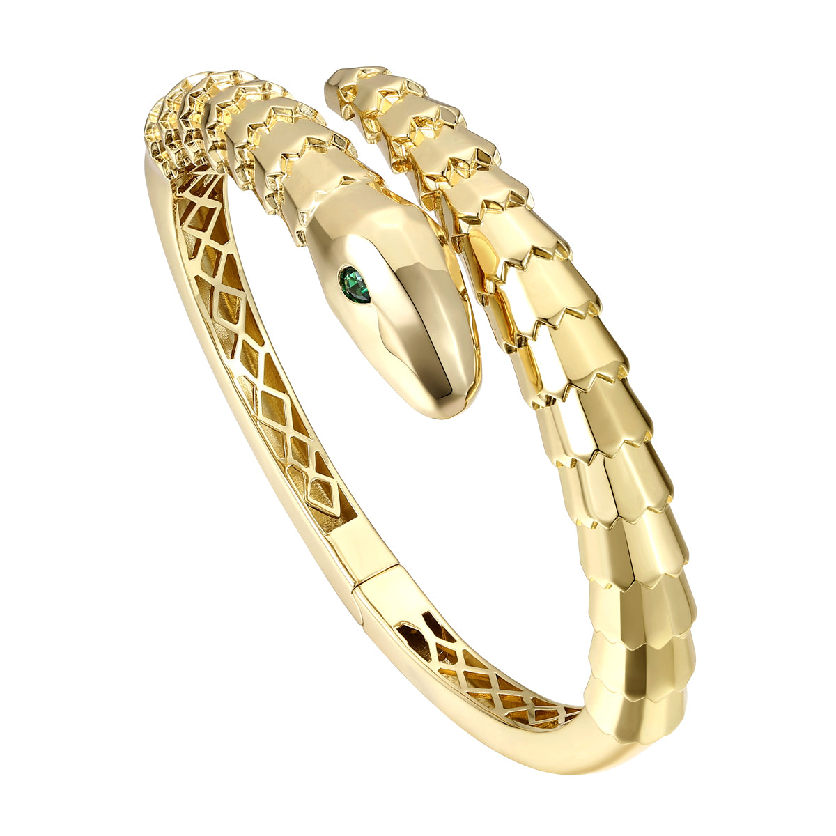 Women’s Gold / Green Rachel Glauber Gold Plated With Emerald Cubic Zirconia Textured Coiled Serpent Bypass Bangle Bracelet Genevive Jewelry