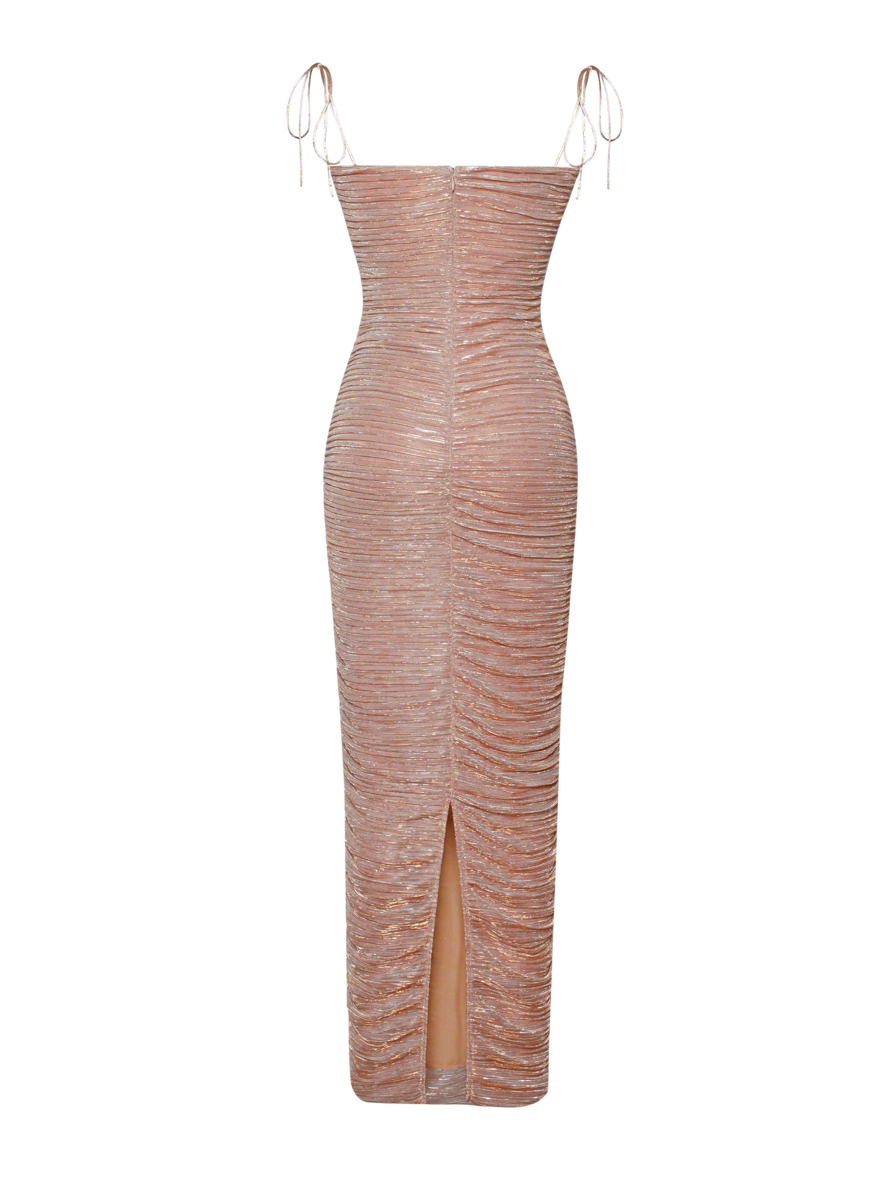The Glint Rose Gold Ruched Chiffon Long Maxi Dress | Miss Circle New York |  Wolf & Badger