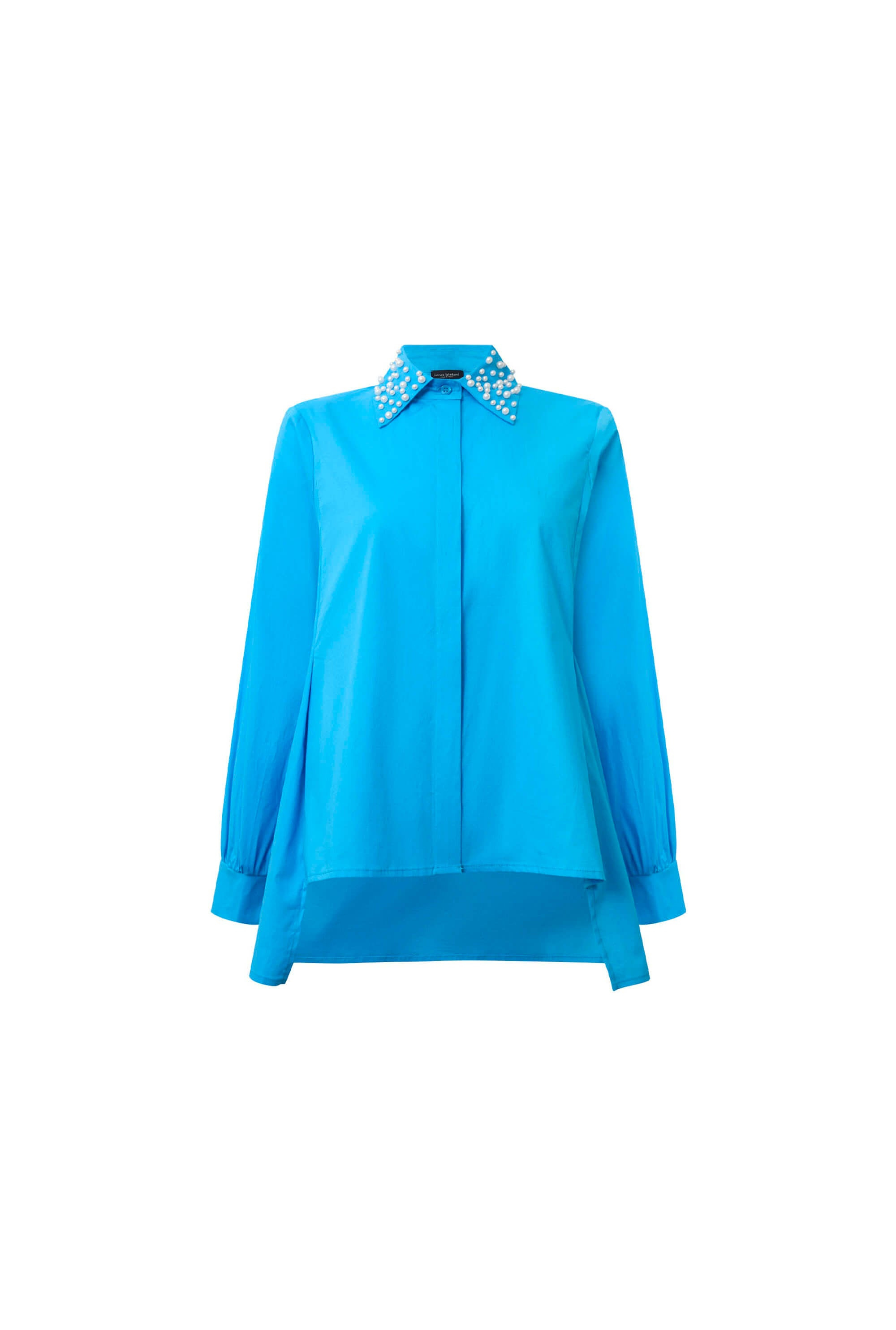 James Lakeland Women's Blue Pearl Collar Turquoise Cotton Shirt
