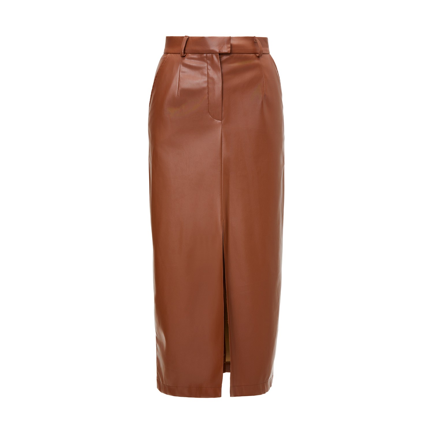 Bluzat Women's Brown Leather Straight-cut Skirt With Slit In Brown
