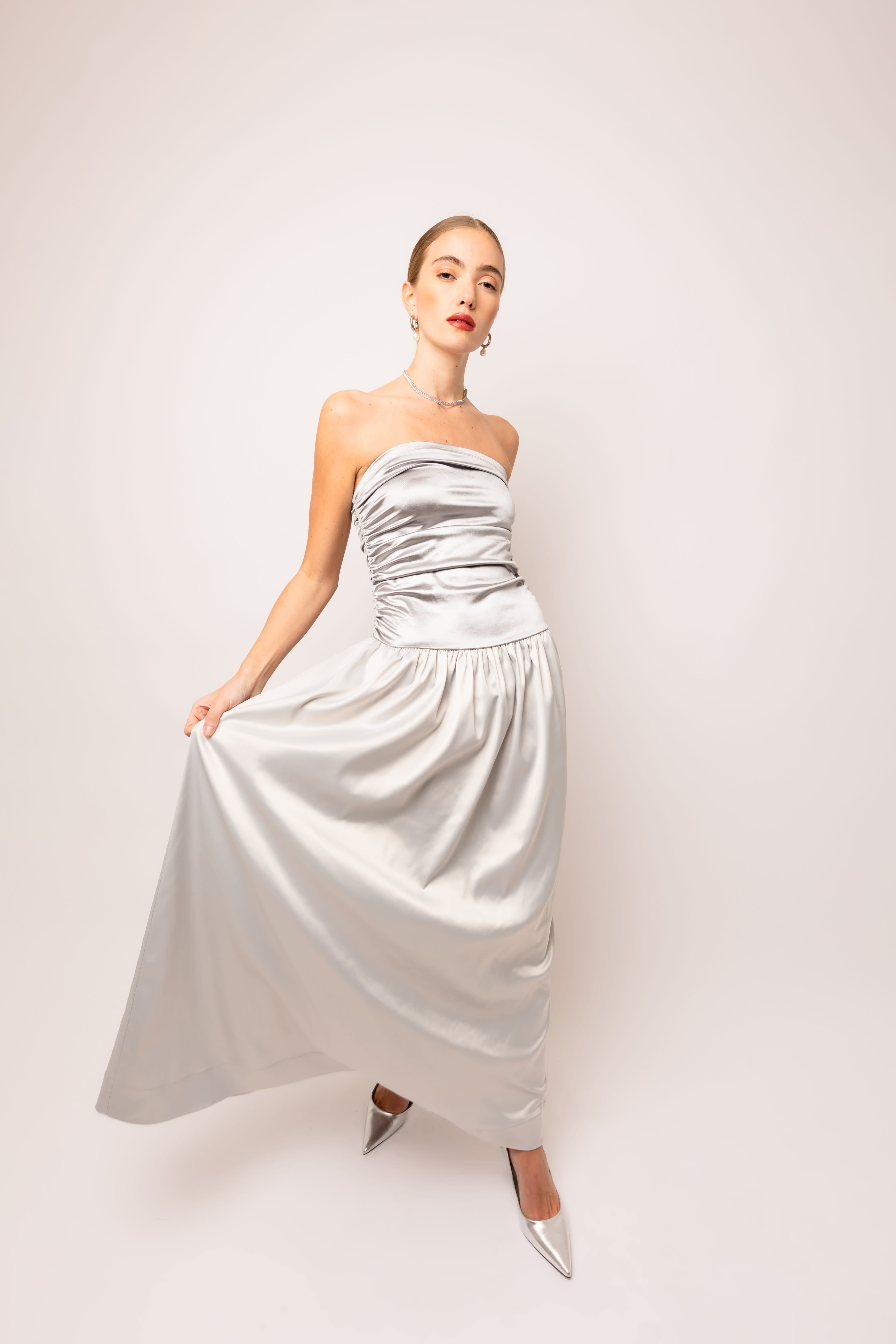 knee length dresses for ladies Light Gray Wrap Satin Dress With Flutter Sleeves – Désir Couture main image 0