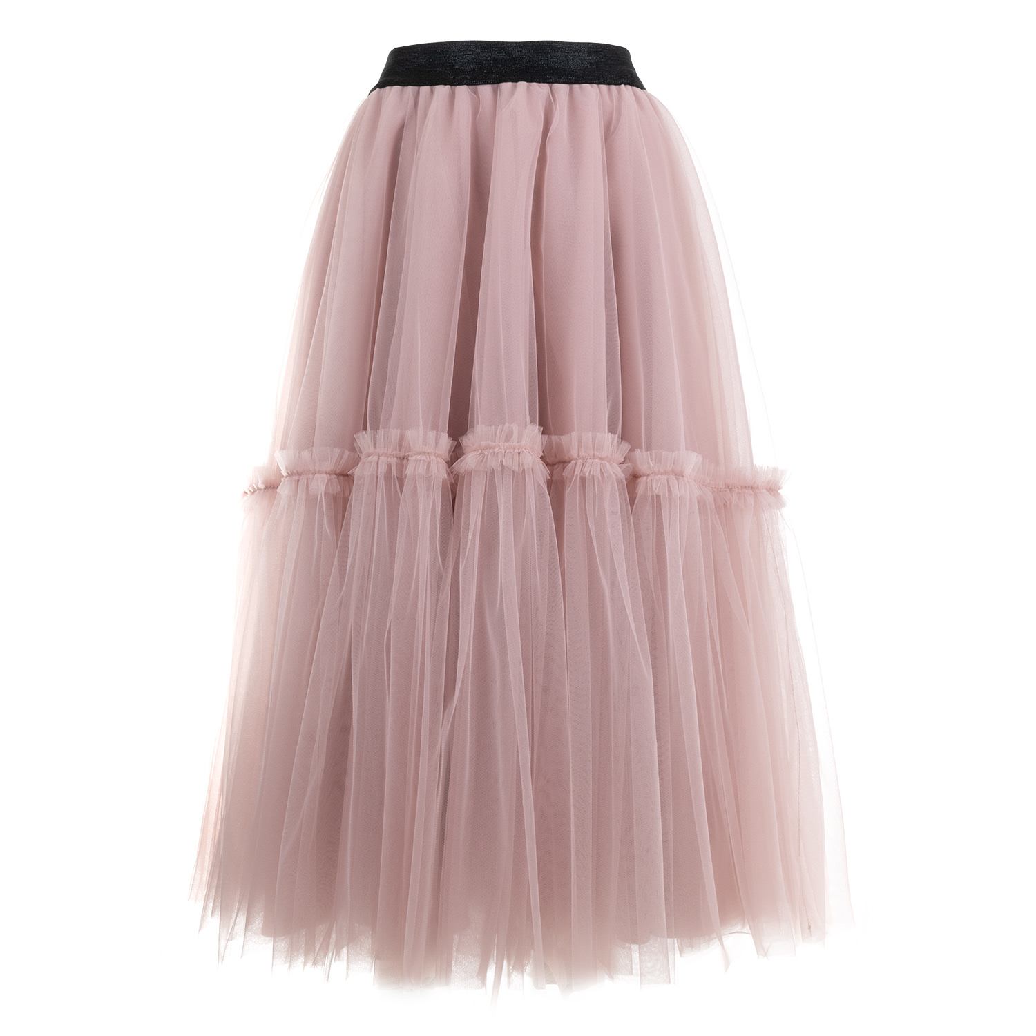 Jana Coshè Women's Pink Ruffled Tulle Maxi Skirt In Ash Rose – Tiered Hem And Shimmer Waistband In Pink
