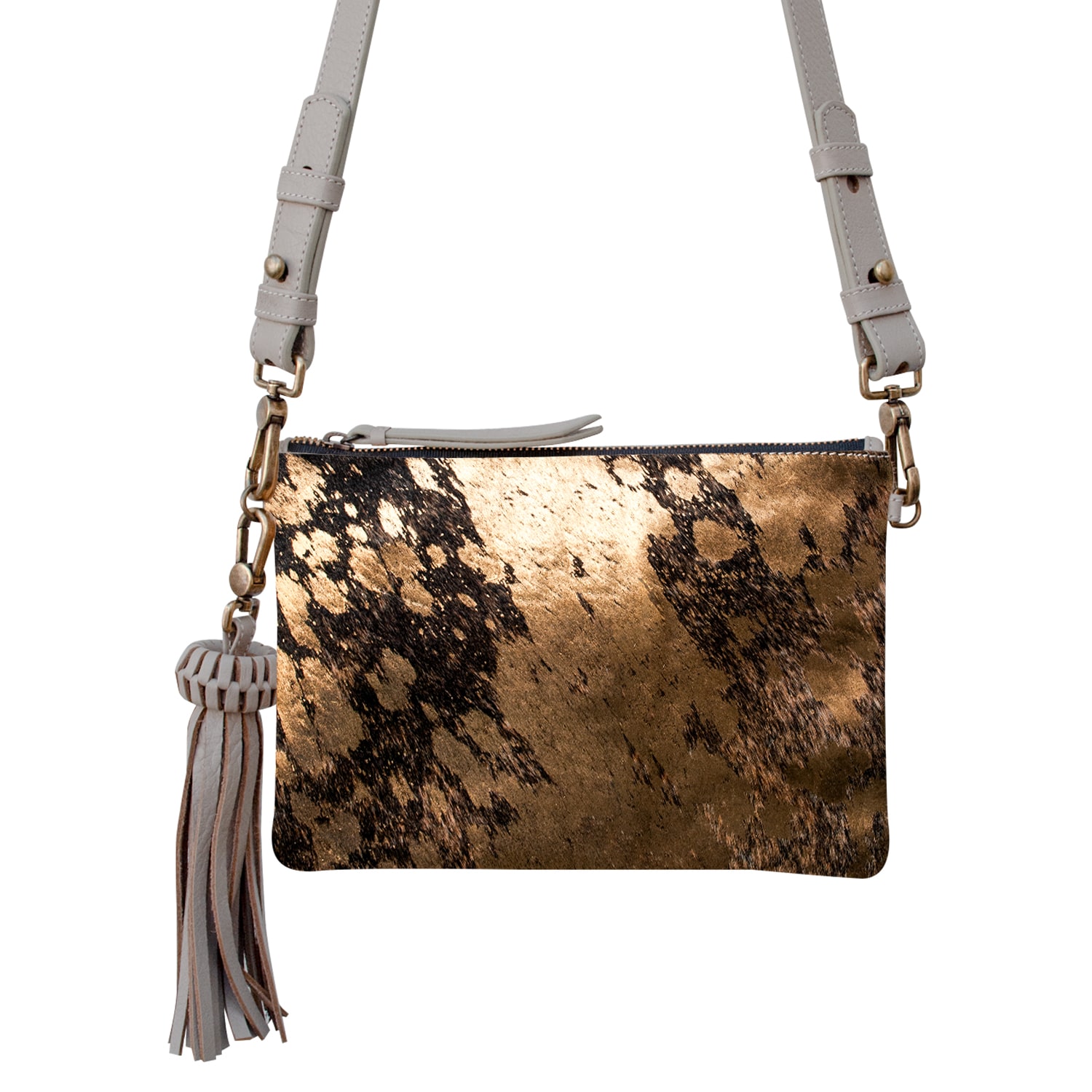 Bixi Awotan Women's Grey / Gold Kahlo Medium Size Crossbody Bag Gray And Gold Furry Leather Bag With Detachable 