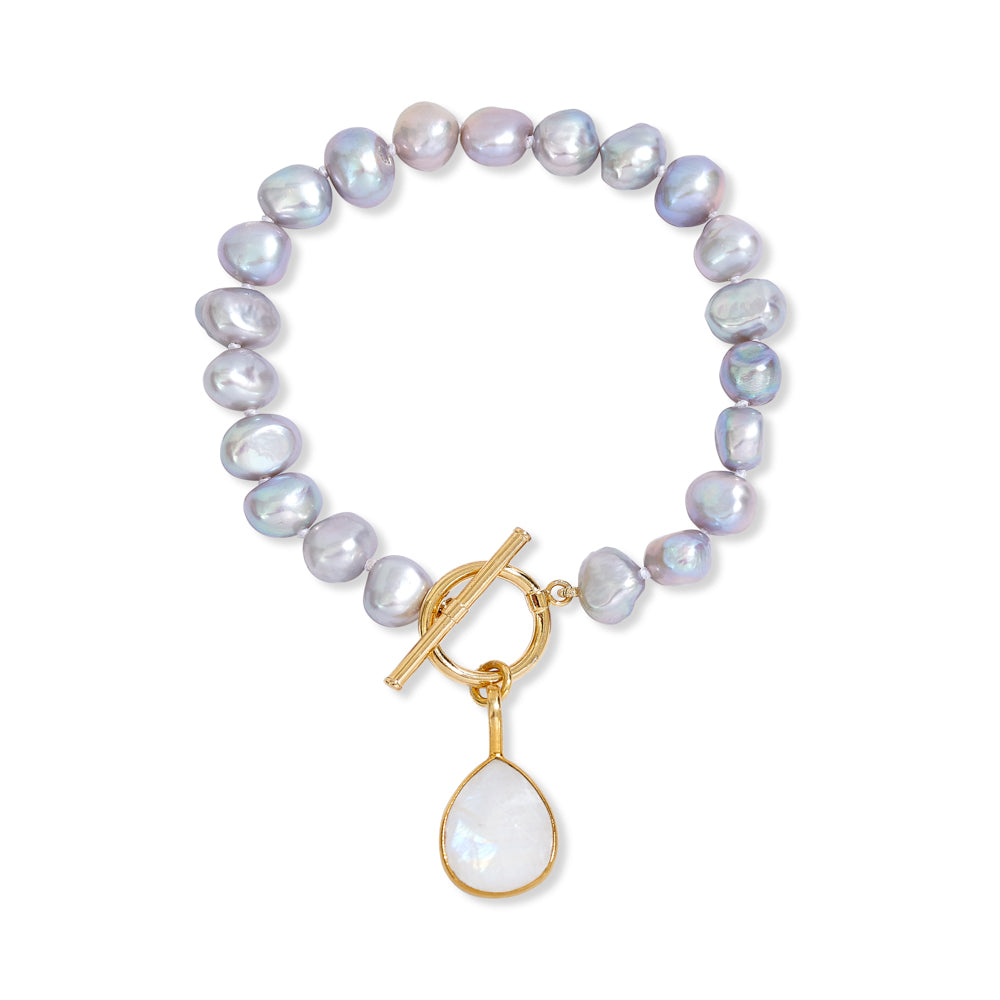 Pearls Of The Orient Online Women's Clara Grey Cultured Freshwater Pearl Bracelet With A Moonstone Drop Pendant In Gray