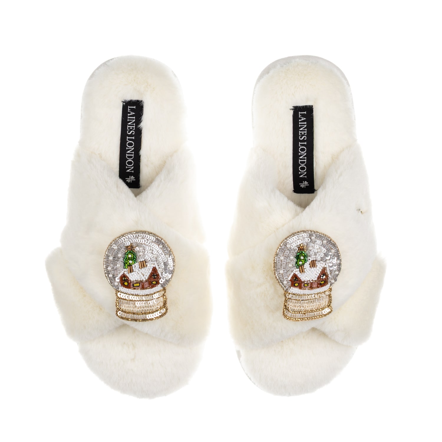 Laines London Women's Neutrals / White Classic Laines Slippers Christmas Collection With Double Snow Globe Brooche In White