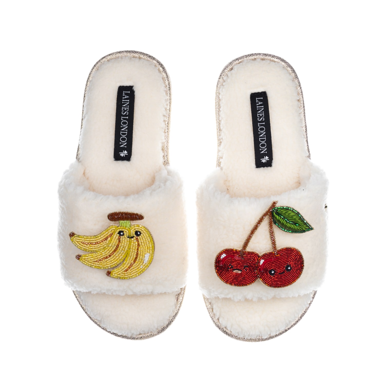 Laines London Women's White Teddy Slider Slippers With Laines Loveables Banana & Cherry Brooches - Cream In White