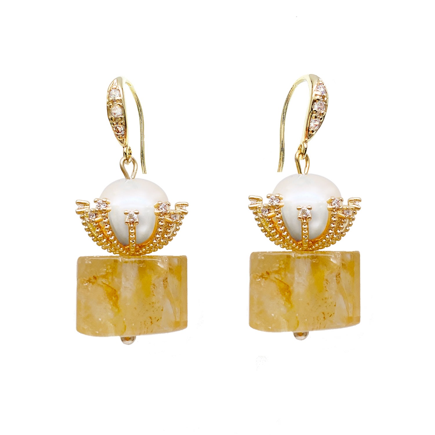 Farra Women's White / Yellow / Orange Cylinder Shaped Citrine With Freshwater Pearl Dangle Earrings In Multi