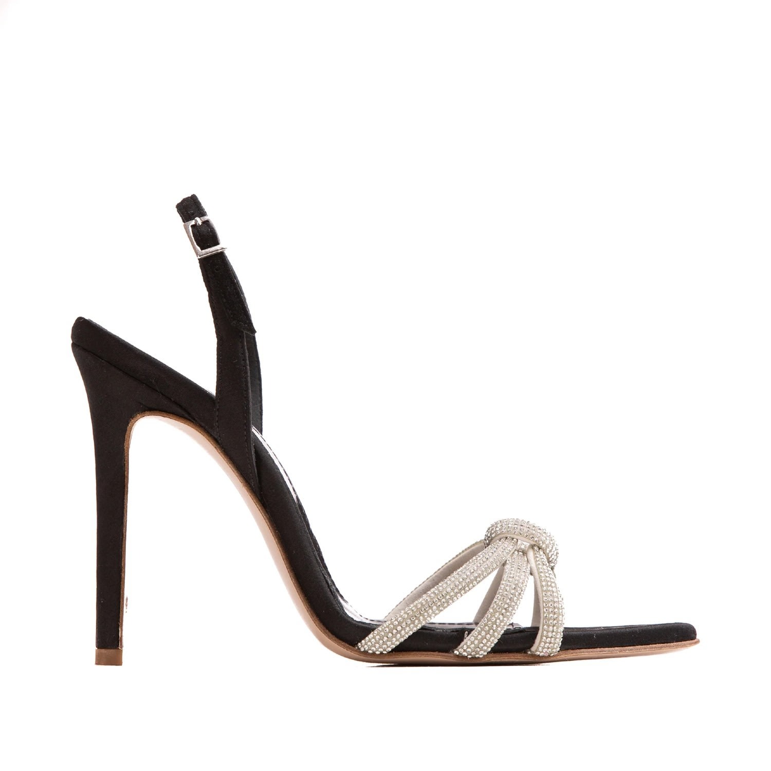 Ginissima Daisy Silver Crystals And Black Satin Sandals In Black