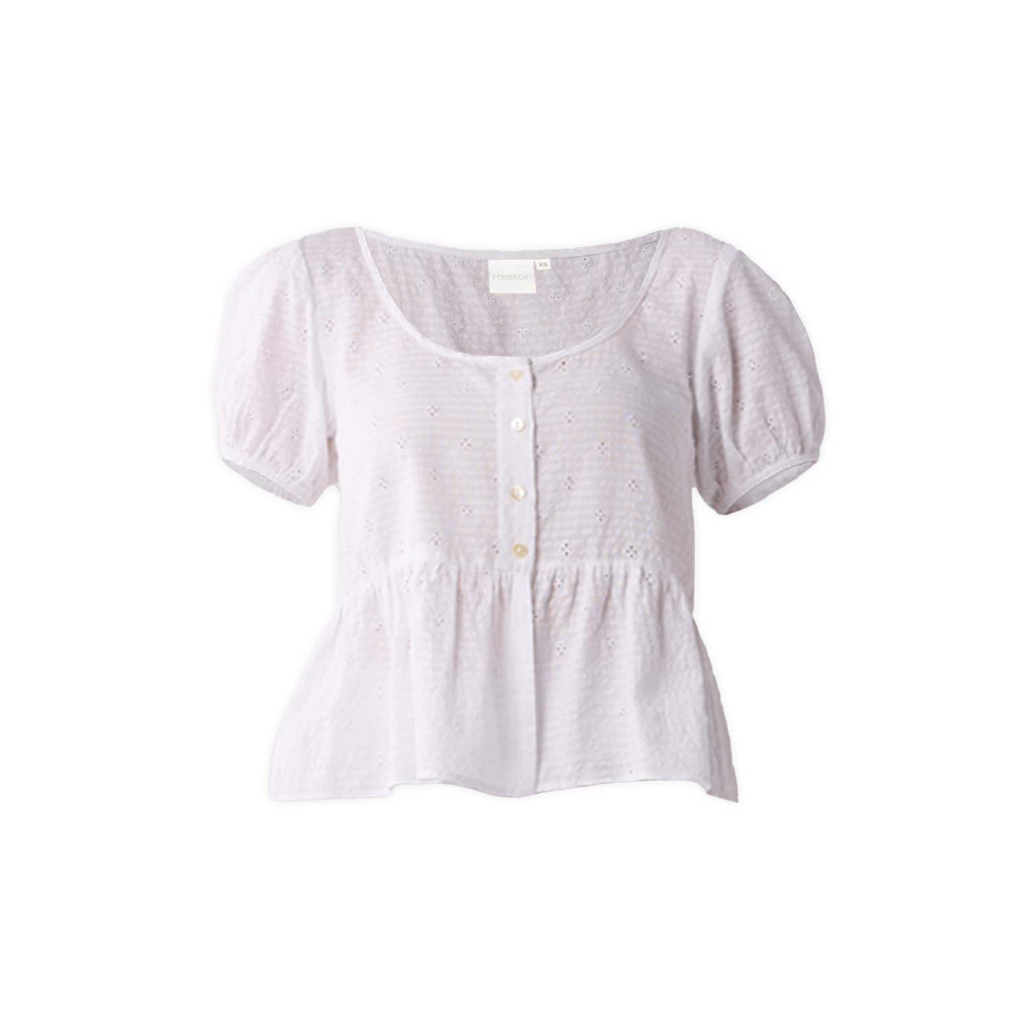 Reistor Women's Embroidered Peplum Top With Puff Sleeves In White