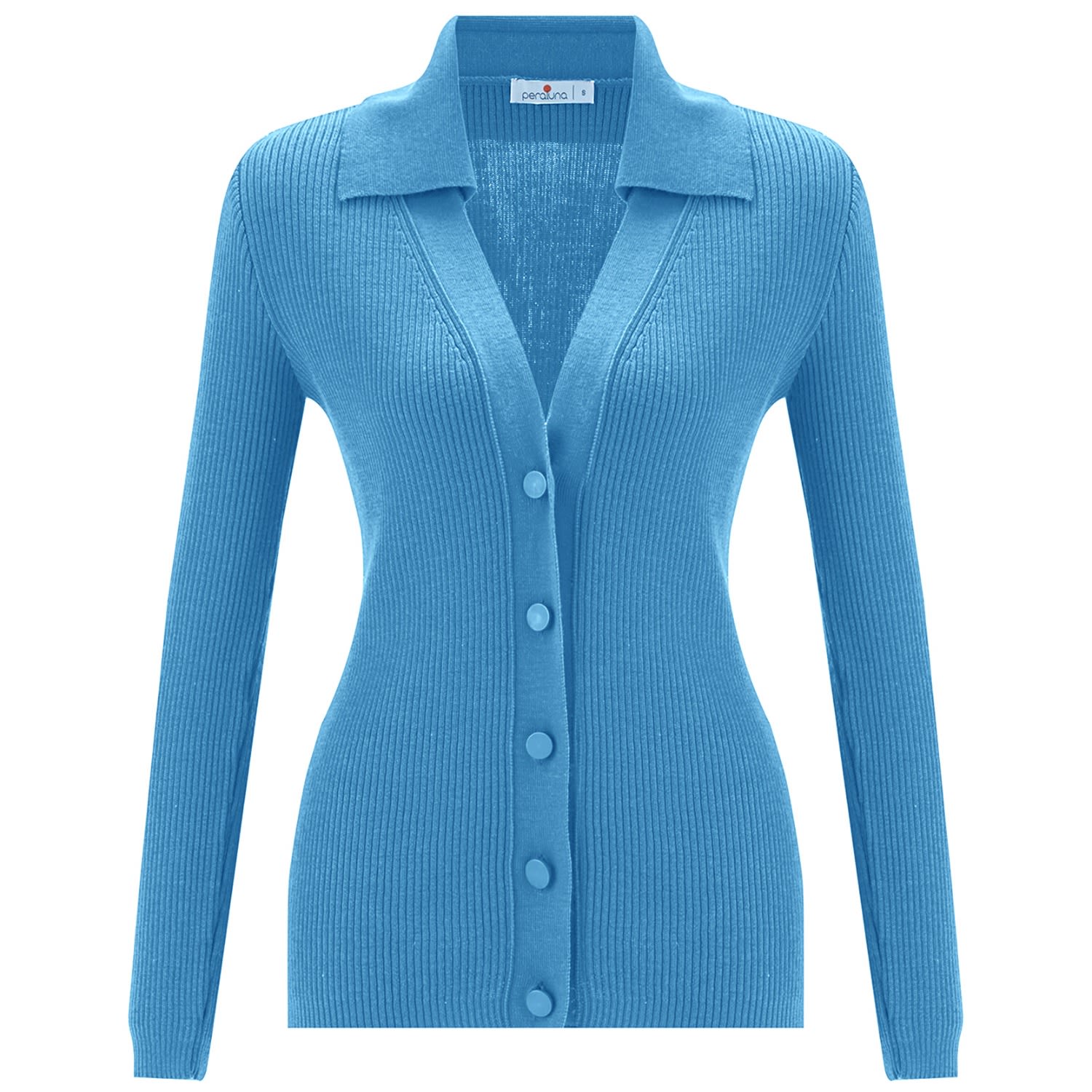 Women’s Polo V-Neck Ribbed Knit Cardigan - Glacier Blue Large Peraluna