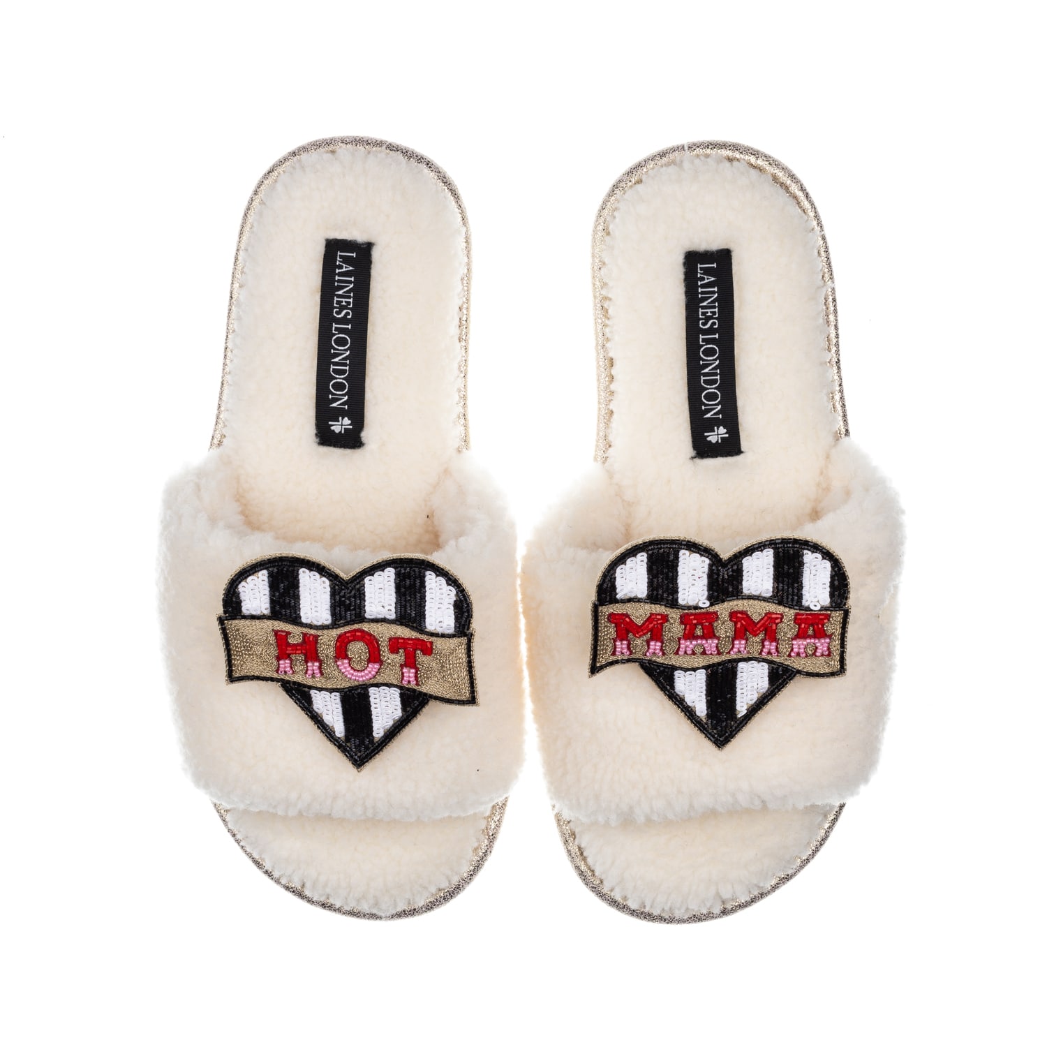 Laines London Women's White Teddy Toweling Slipper Sliders With Hot Mama Brooches - Cream In White