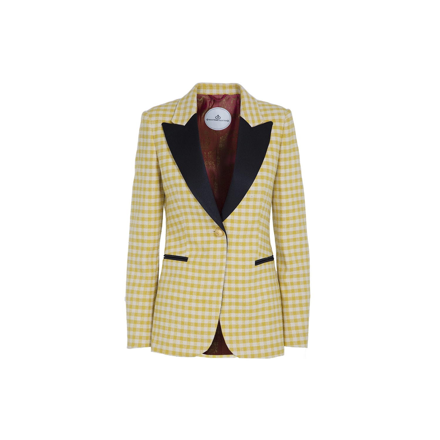 The Extreme Collection Women's Yellow / Orange Single Breasted Yellow Plaid Cotton Blend Blazer With Velvet Flaps Fiona In Multi