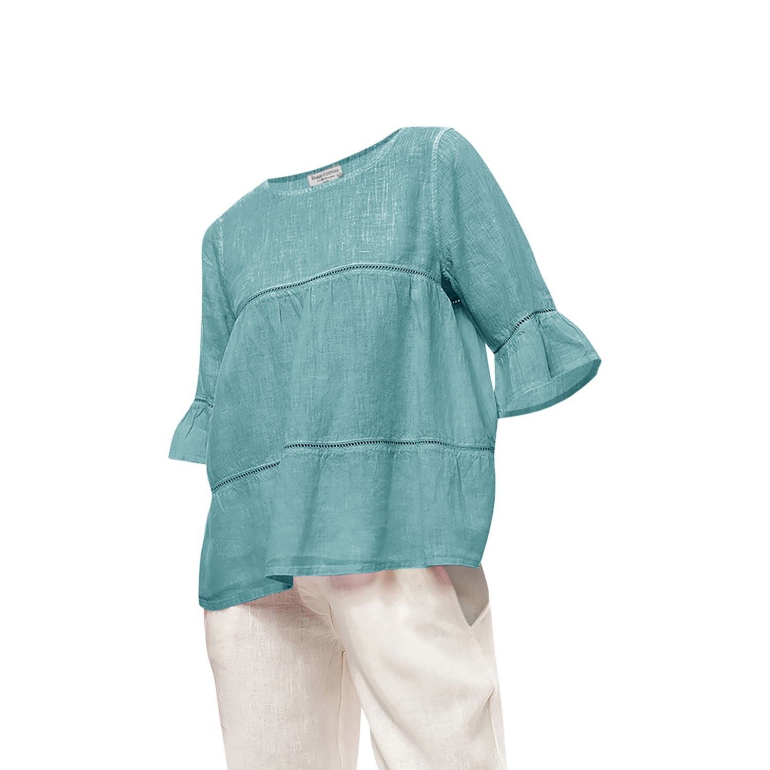 Haris Cotton Women's Guipure Lace Insert Flounce Sleeve Ruffle Hem Blouse Crystal Blue In Blue